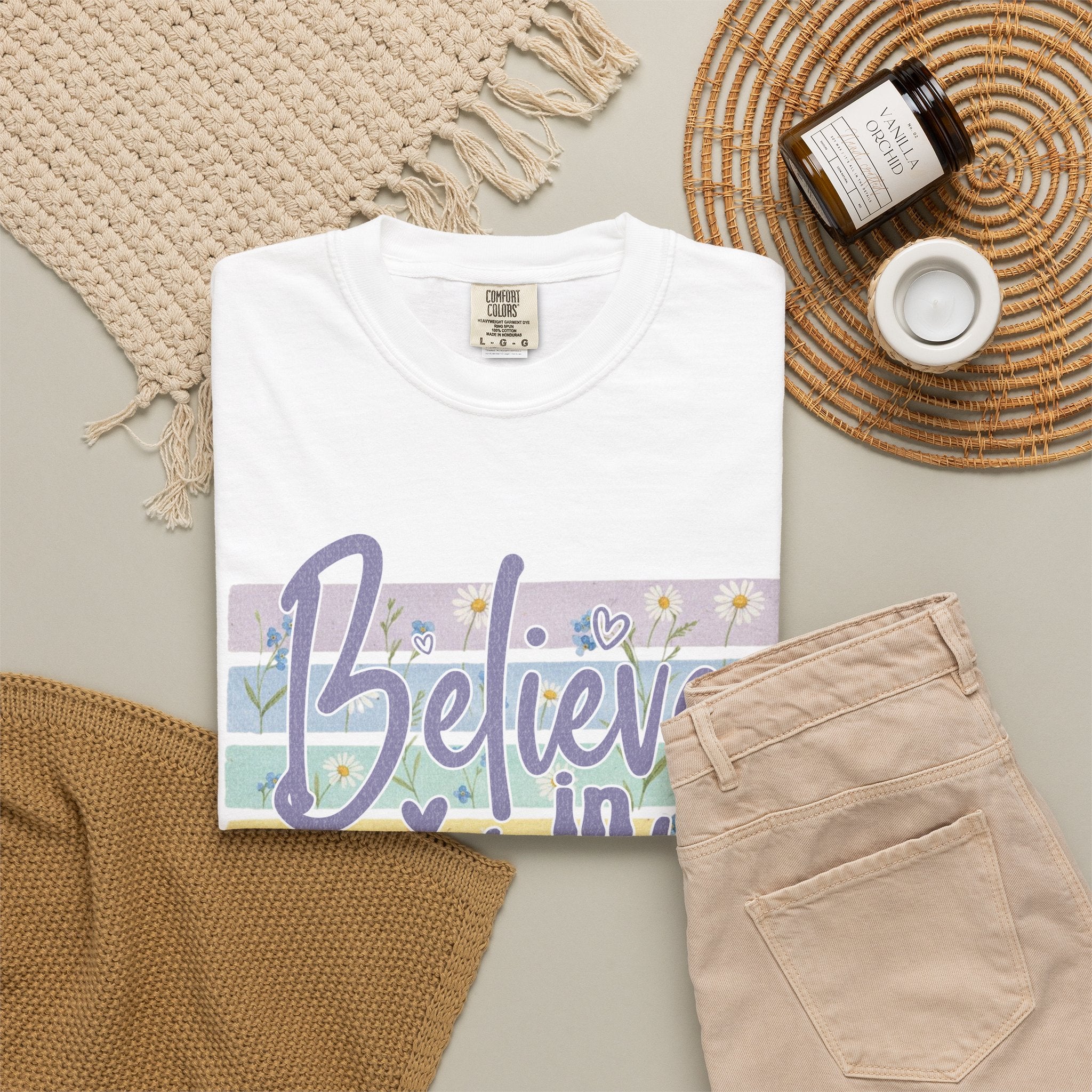Textured Believe in Yourself T‑Shirt — Pastel Stripes Inspirational Tee
