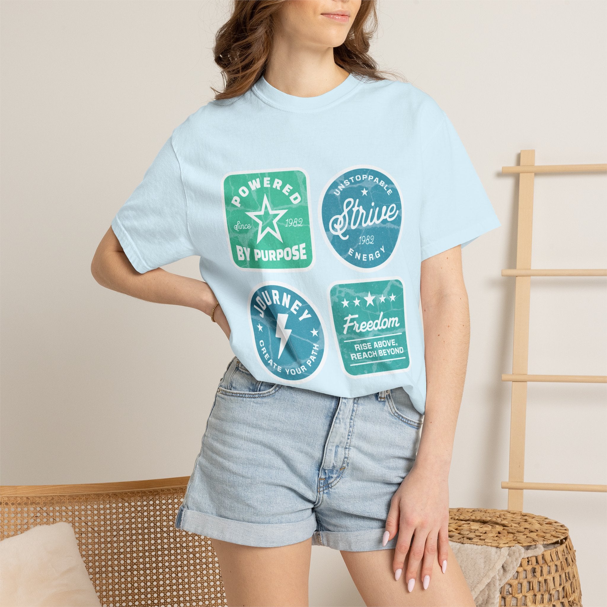Motivational Badge Graphic Textured T-Shirt — "Powered by Purpose, Strive, Journey, Freedom"