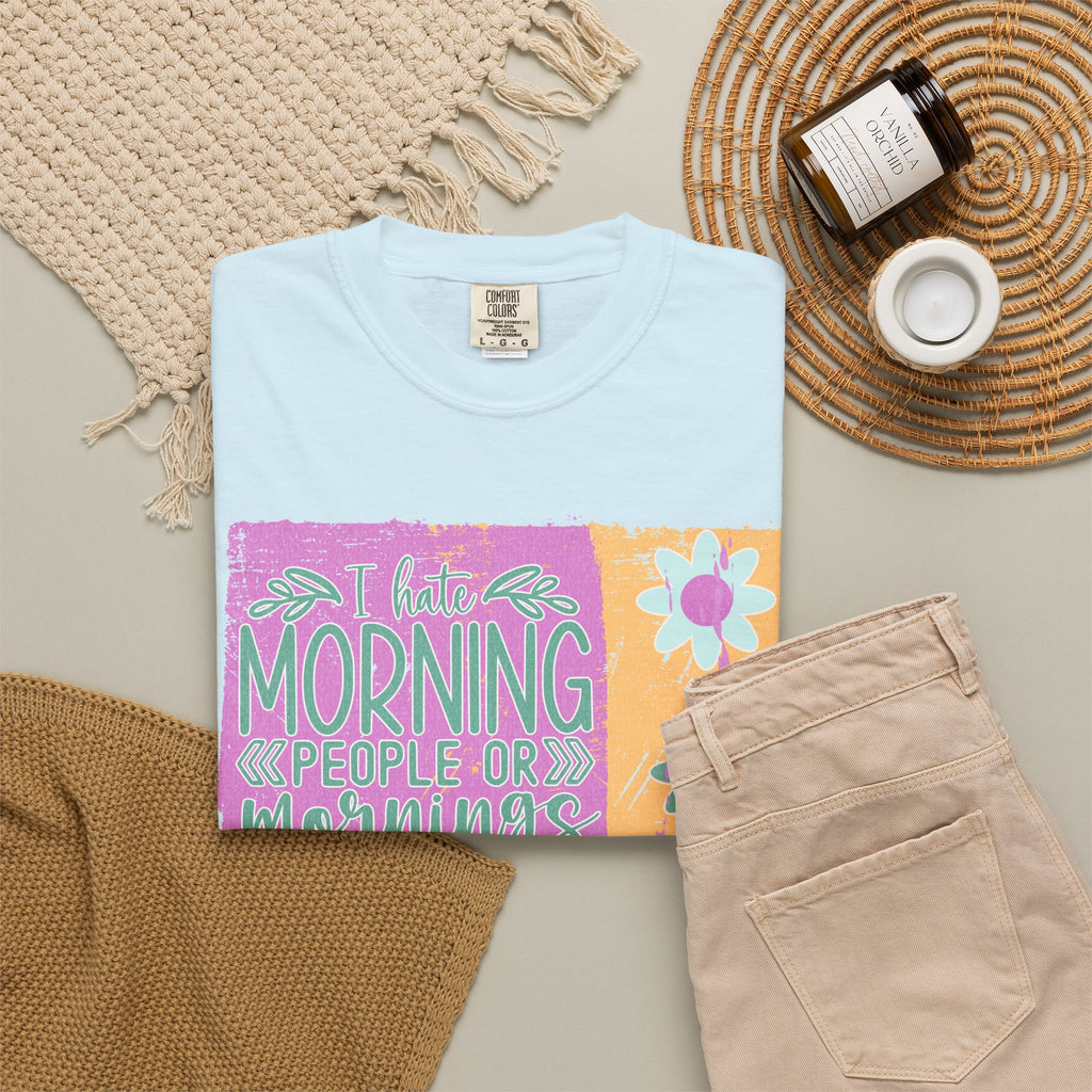 Graphic Textured T-Shirt — “Not a Morning Person” Retro Floral Block Design