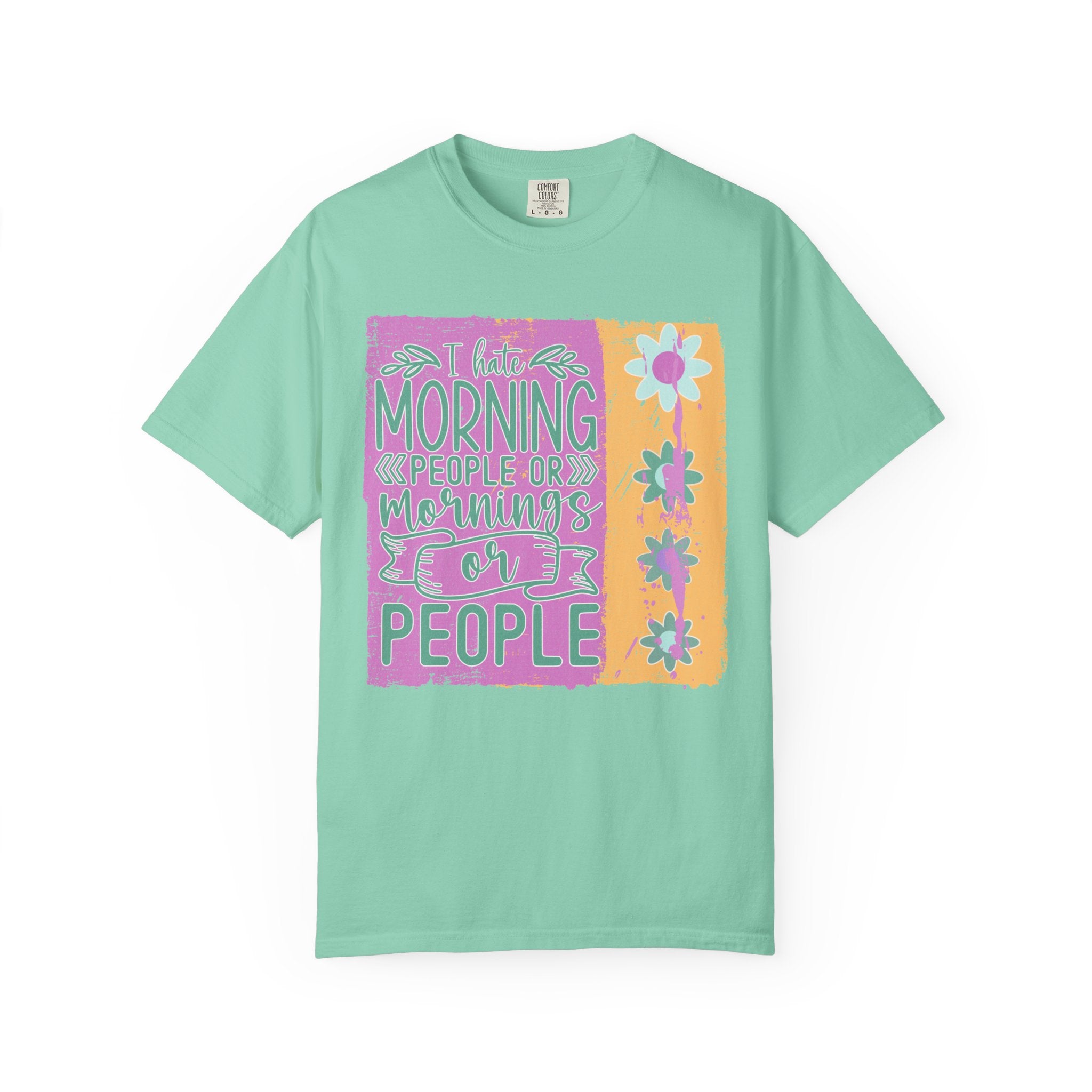 Graphic Textured T-Shirt — “Not a Morning Person” Retro Floral Block Design