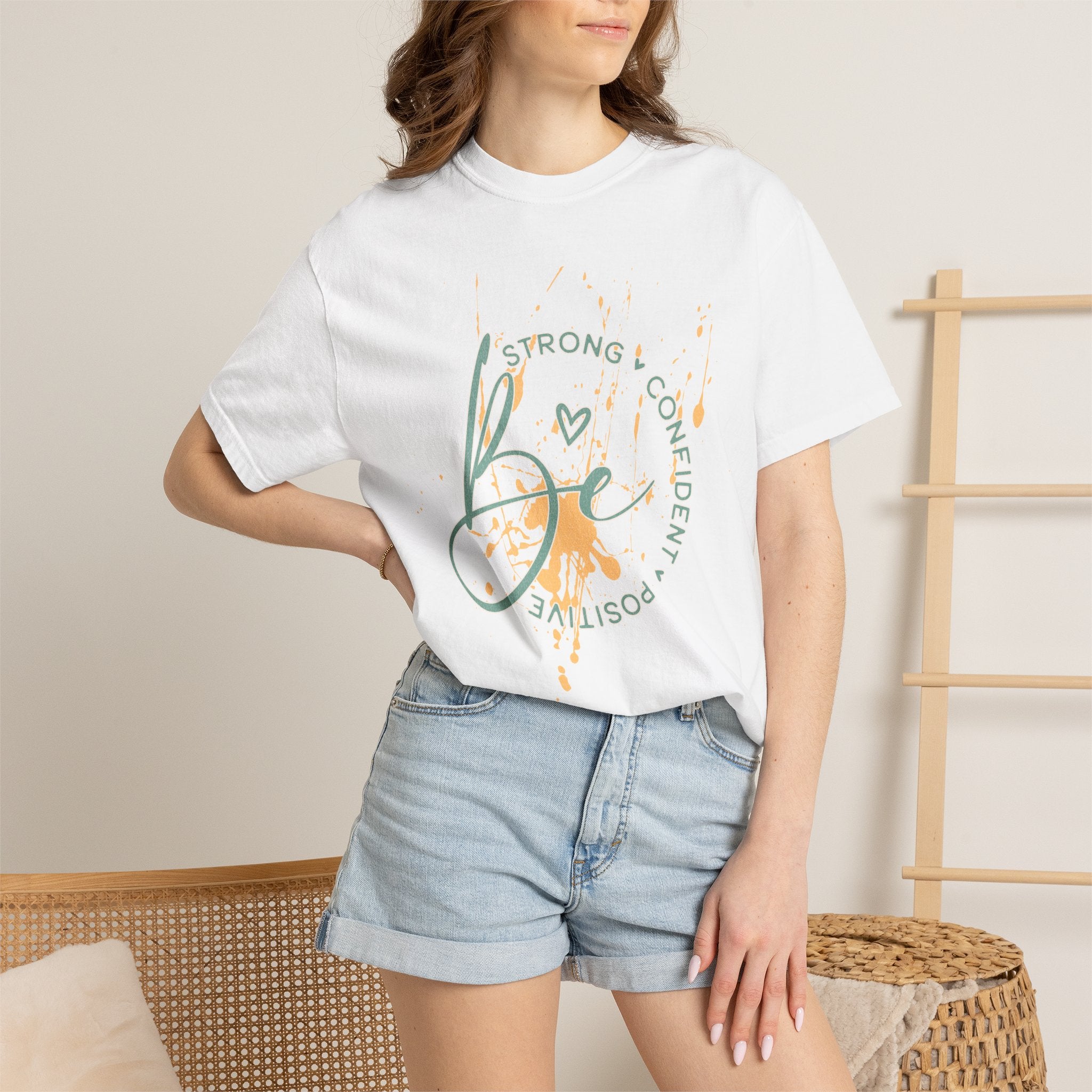 Textured Joy Script T-Shirt — “Be” Positive Graphic Tee: Strong • Confident • Positive