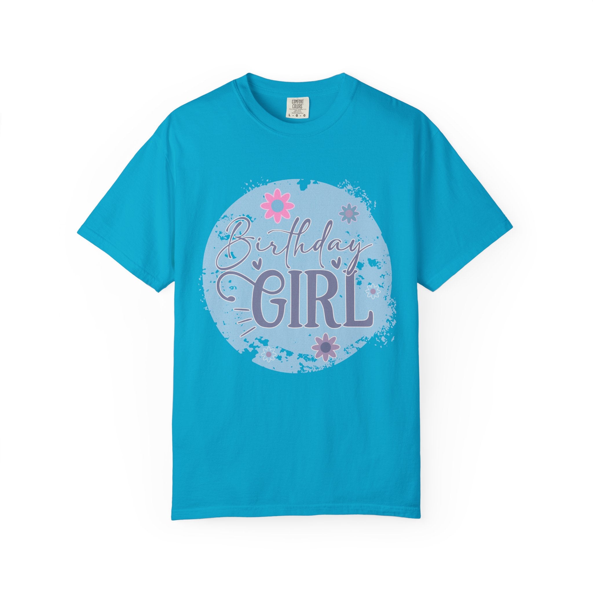 Birthday Girl Textured T-Shirt — Floral Blue Circle Graphic