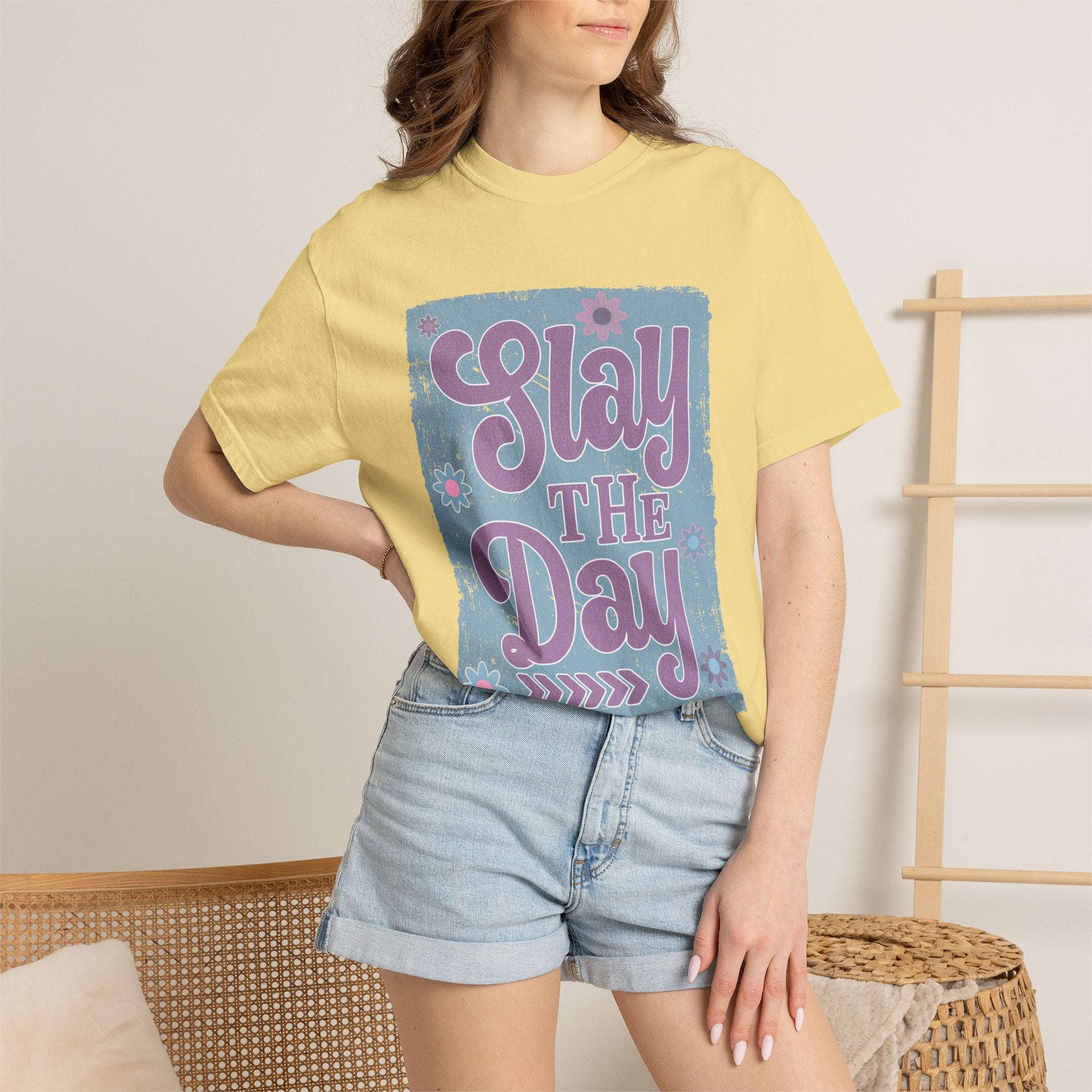 Textured Slay the Day Graphic T-Shirt — Retro Pastel Motivation Tee