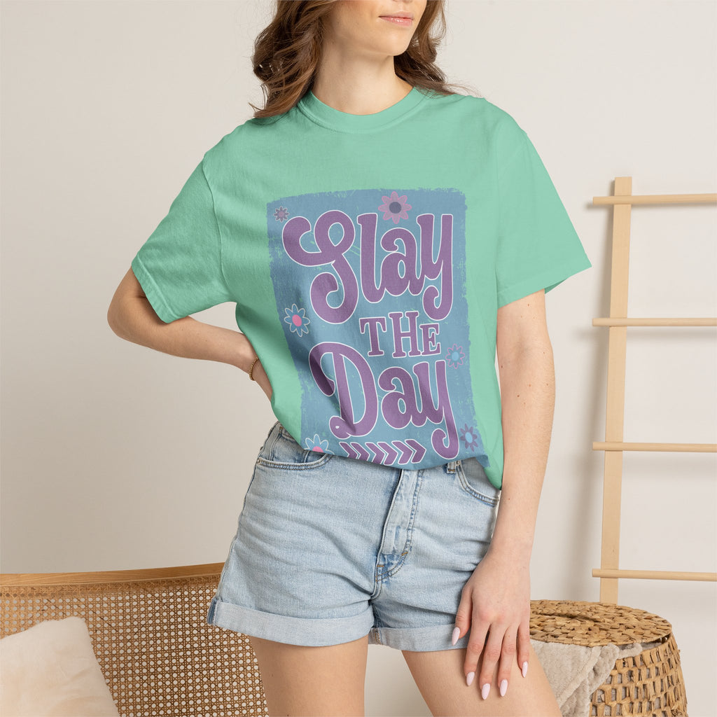 Textured Slay the Day Graphic T-Shirt — Retro Pastel Motivation Tee