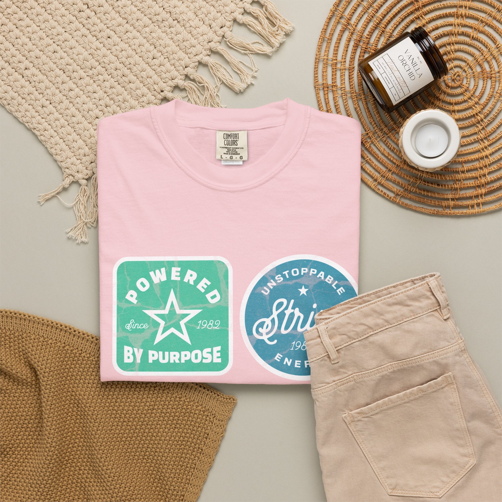 Motivational Badge Graphic Textured T-Shirt — "Powered by Purpose, Strive, Journey, Freedom"