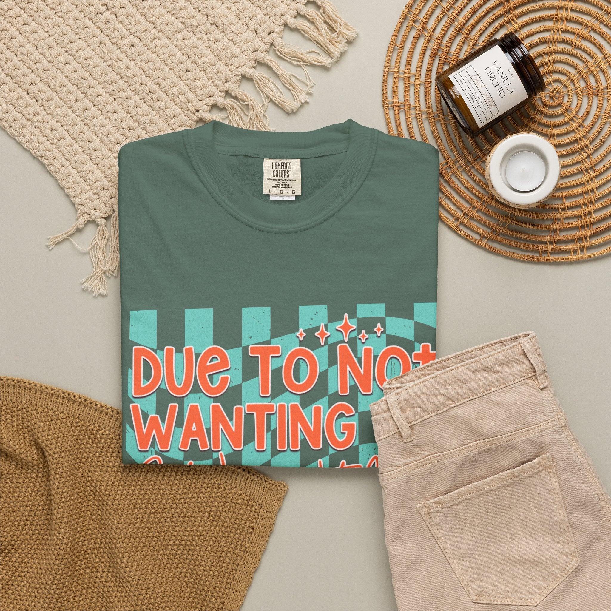 Textured T-Shirt — "Due to Not Wanting to, I Will Not Be" Checkered Graphic Tee