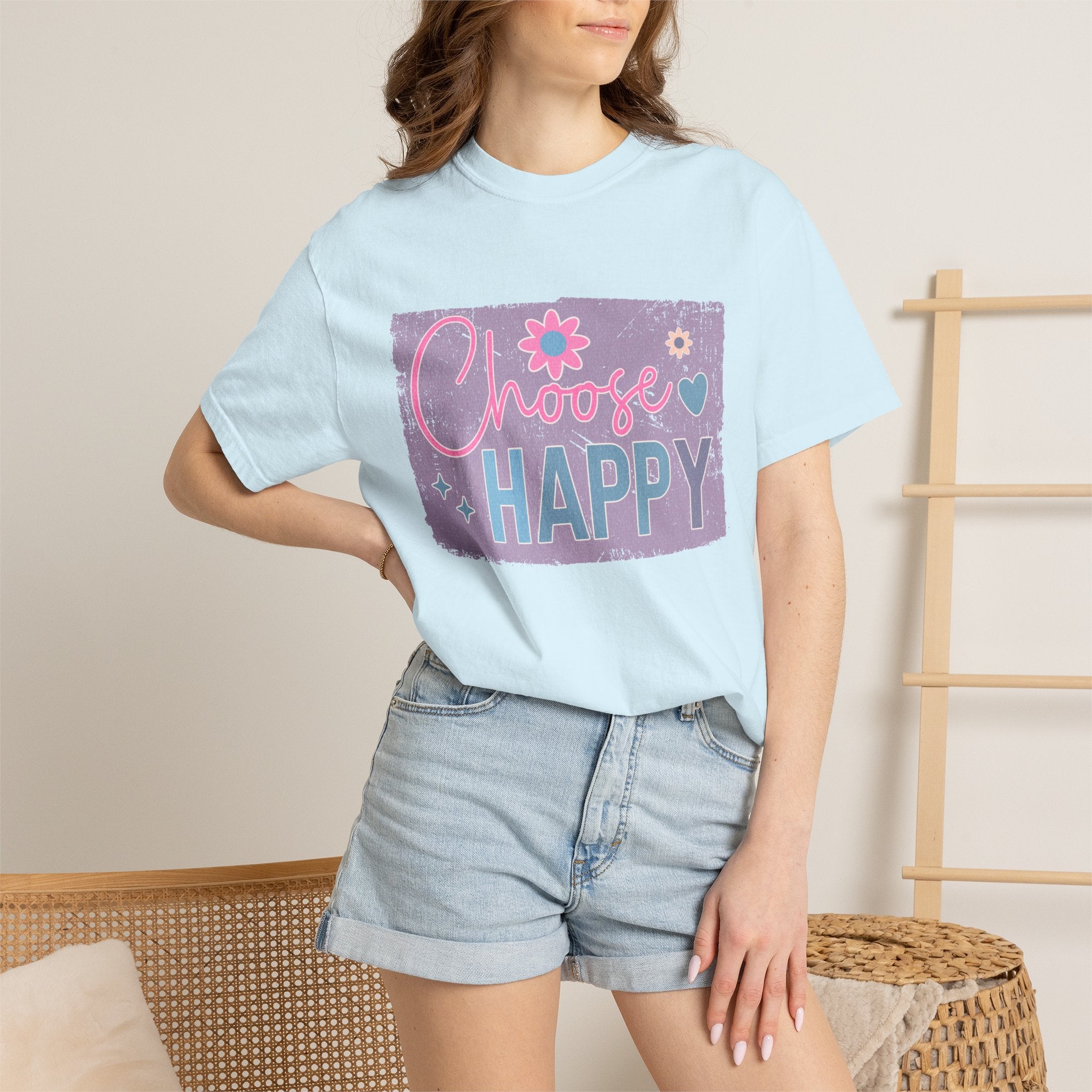 Choose Happy Textured T-Shirt — Retro Floral Positive Message Tee