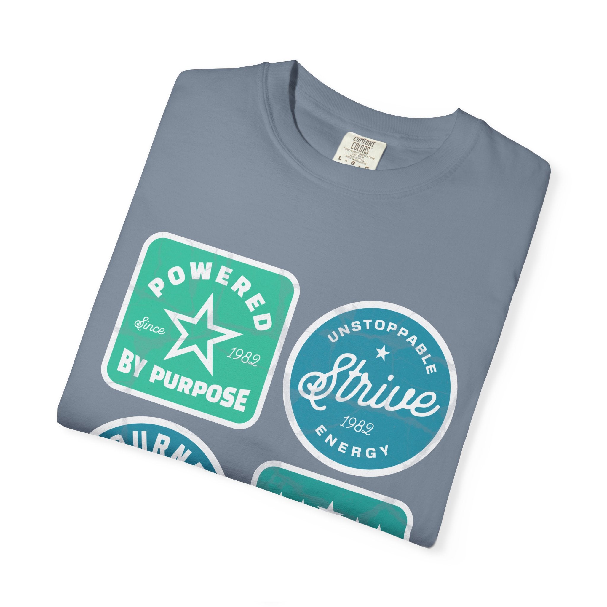 Motivational Badge Graphic Textured T-Shirt — "Powered by Purpose, Strive, Journey, Freedom"
