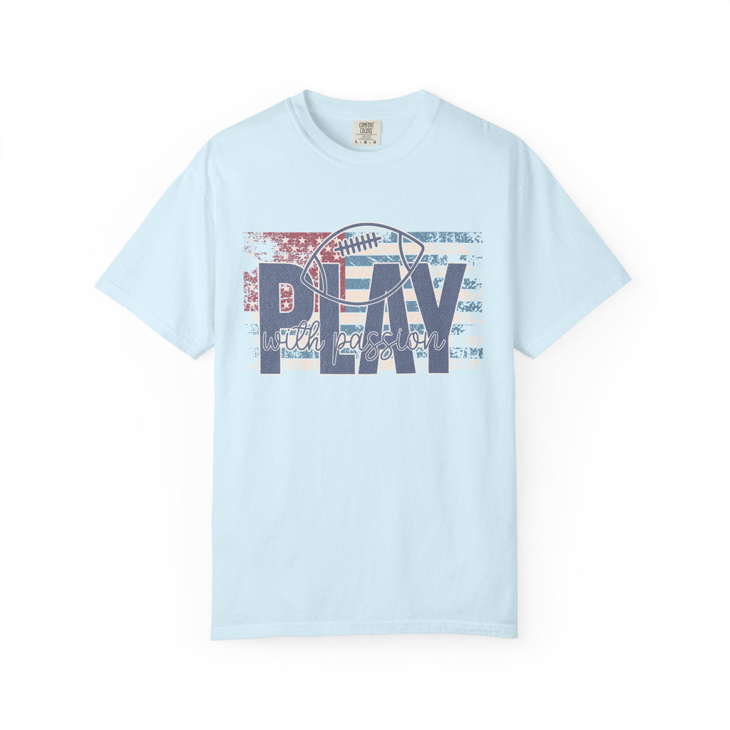 Play With Passion Football Textured Tee — Vintage American Flag Sports Tee