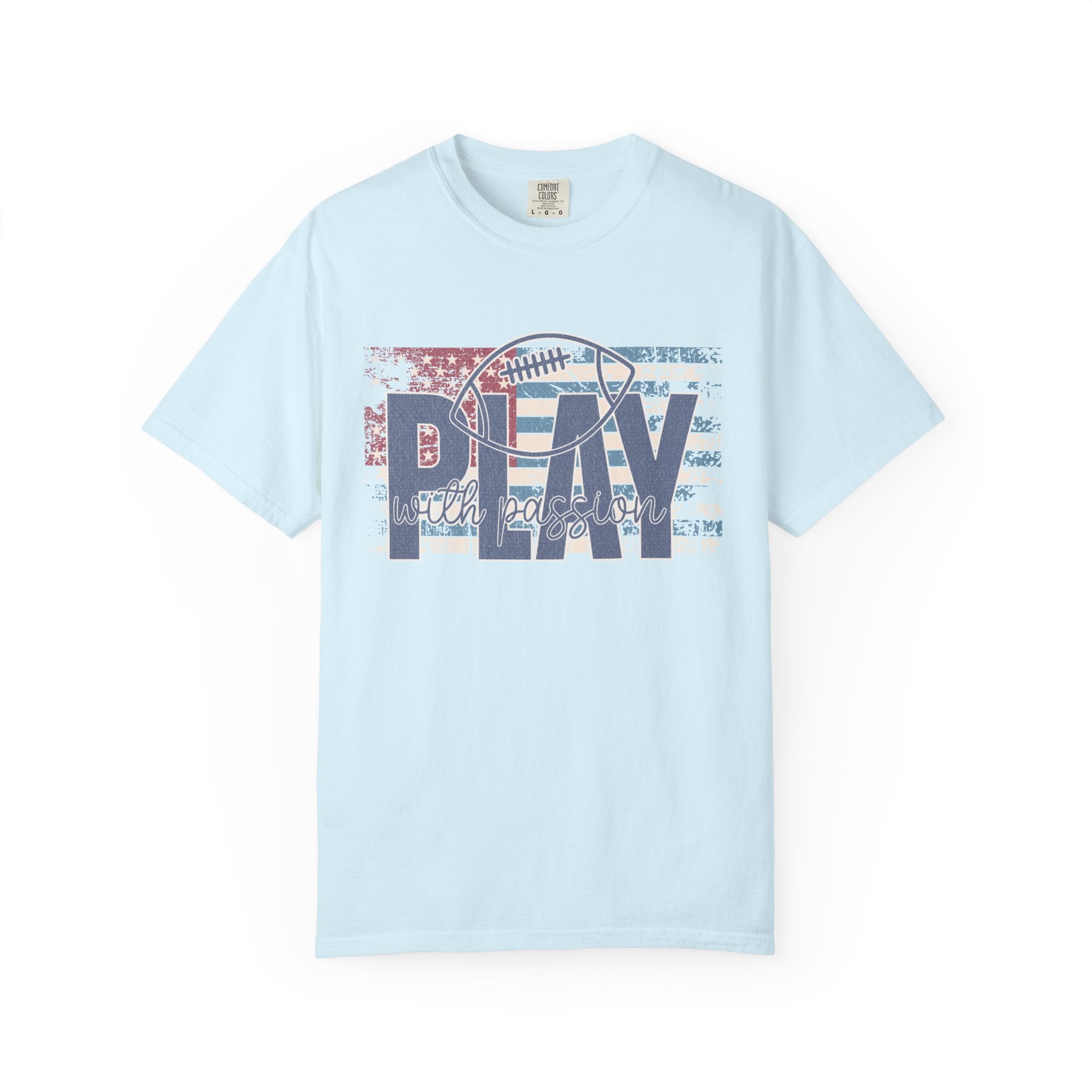 Play With Passion Football Textured Tee — Vintage American Flag Sports Tee
