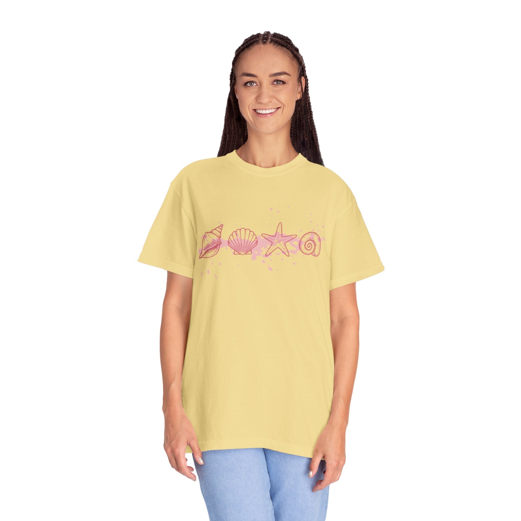 Textured Seashell Line Art T-Shirt — Pink Coastal Shells Graphic Tee