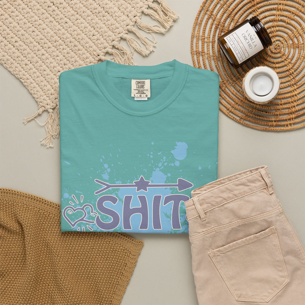 Shit Happens Graphic T-Shirt — Casual Humorous Tee with Splatter Design