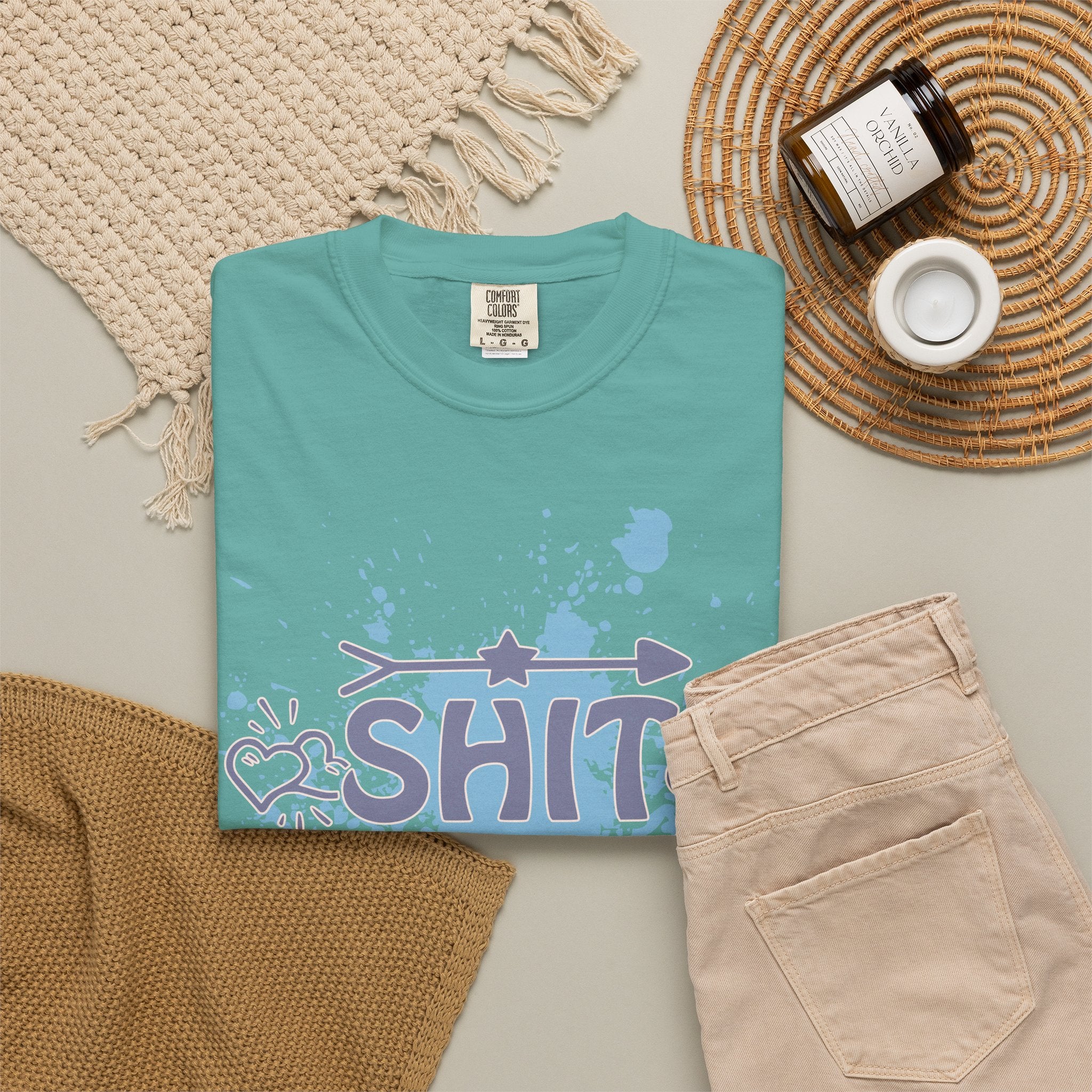 Shit Happens Graphic T-Shirt — Casual Humorous Tee with Splatter Design