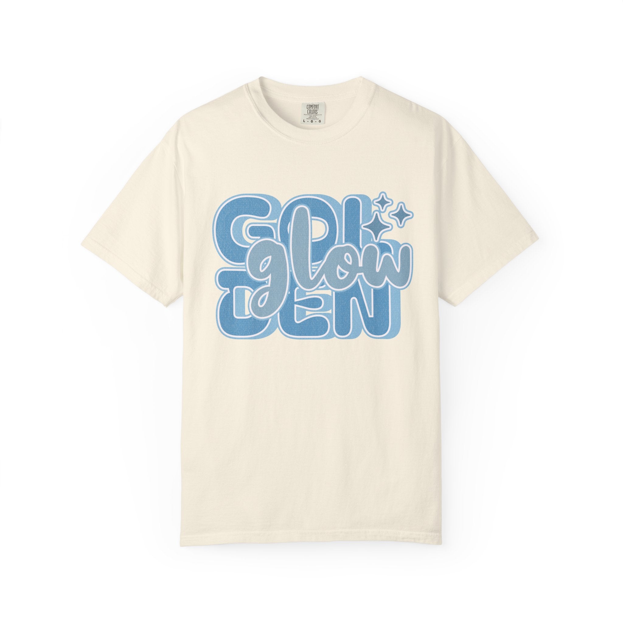 Golden Glow Textured  T‑Shirt — Retro Blue Script Graphic Tee