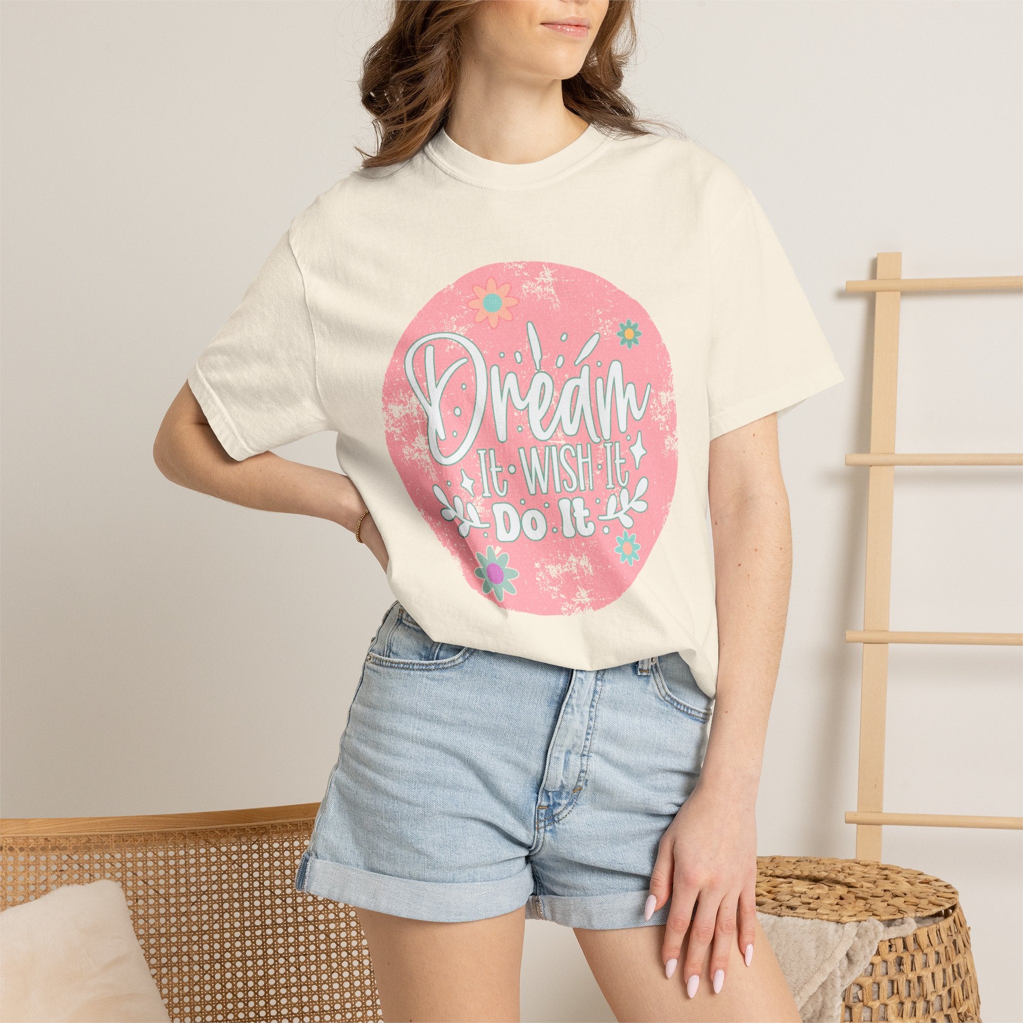 Textured T-Shirt — "Dream It, Wish It, Do It" Pink Floral Motivational Tee