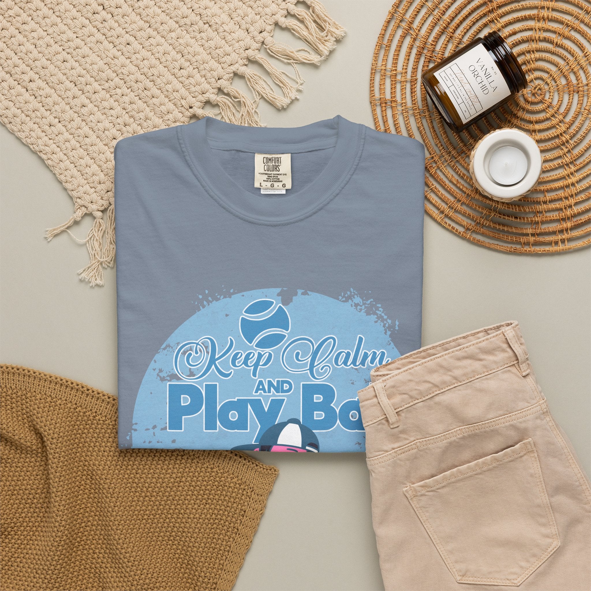 Textured Keep Calm and Play Ball Baseball T-Shirt — Cute Mascot Sports Tee for Kids & Fans
