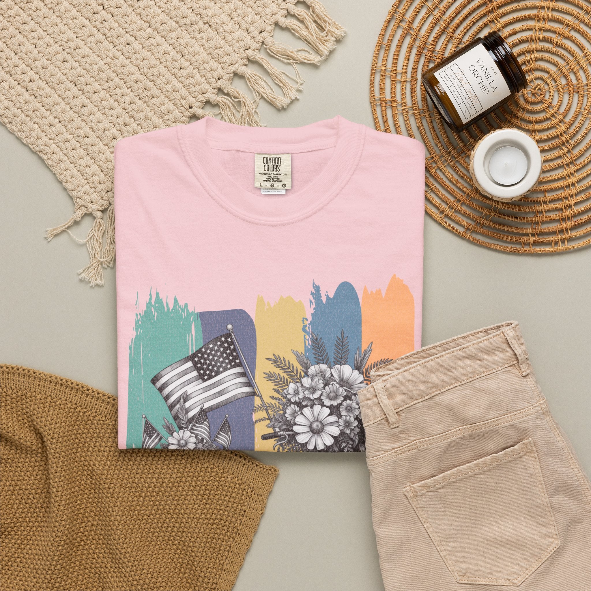 Textured Vintage Bicycle T-Shirt — Floral Basket & American Flag Graphic