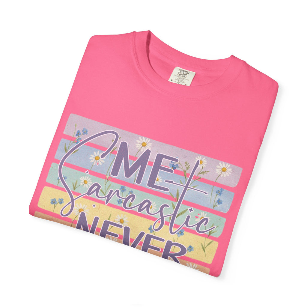 Textured Sarcastic Never T-Shirt — Pastel Striped "Me? Sarcastic? Never" Graphic Tee
