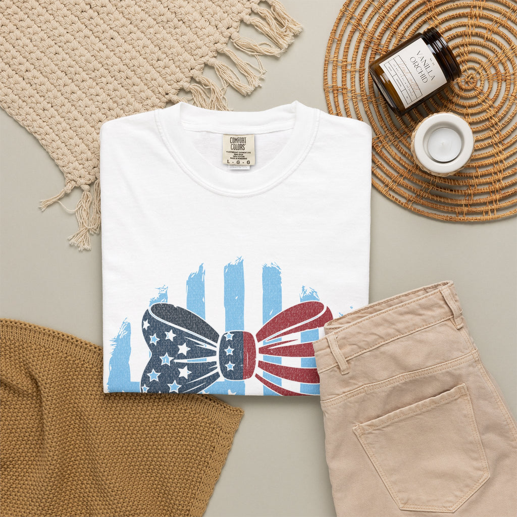 America Patriotic Bow Textured T-Shirt — USA Flag Graphic Tee for 4th of July