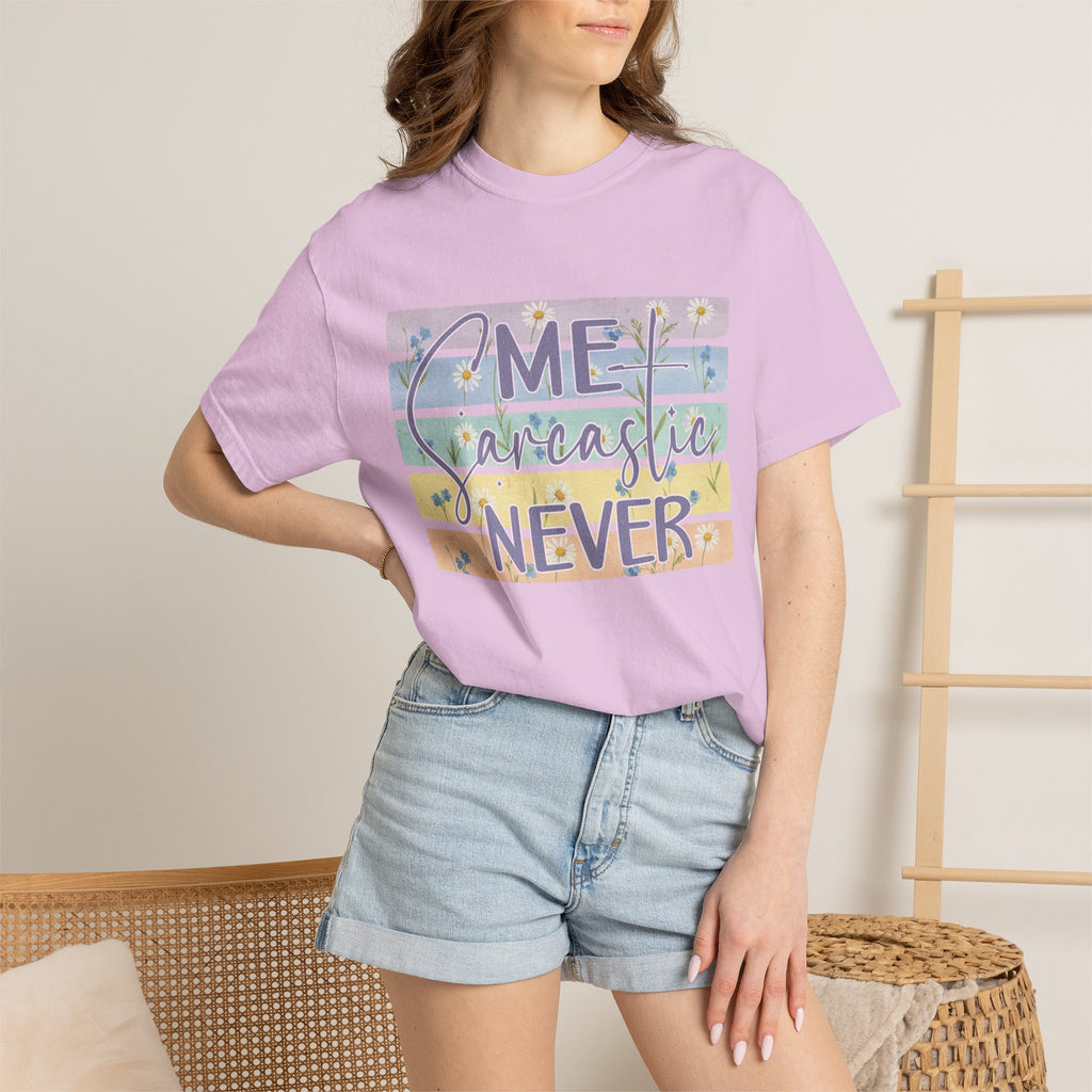 Textured Sarcastic Never T-Shirt — Pastel Striped "Me? Sarcastic? Never" Graphic Tee