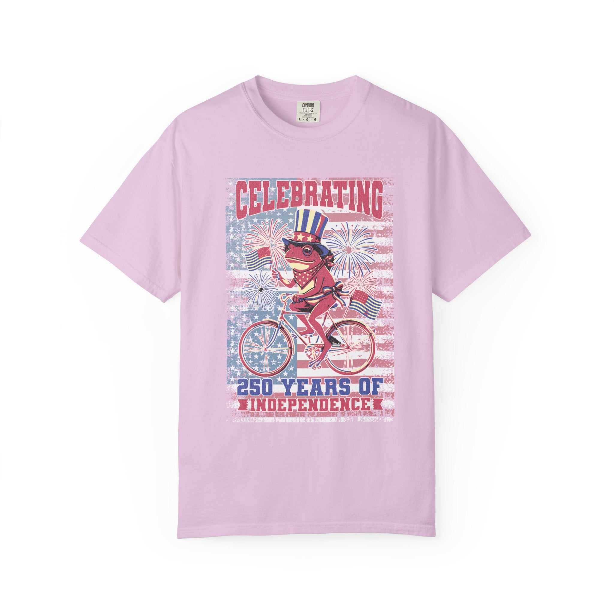 Textured Independence Day Dog on Bike T-Shirt — "Celebrating 250 Years of Independence" Patriotic Tee