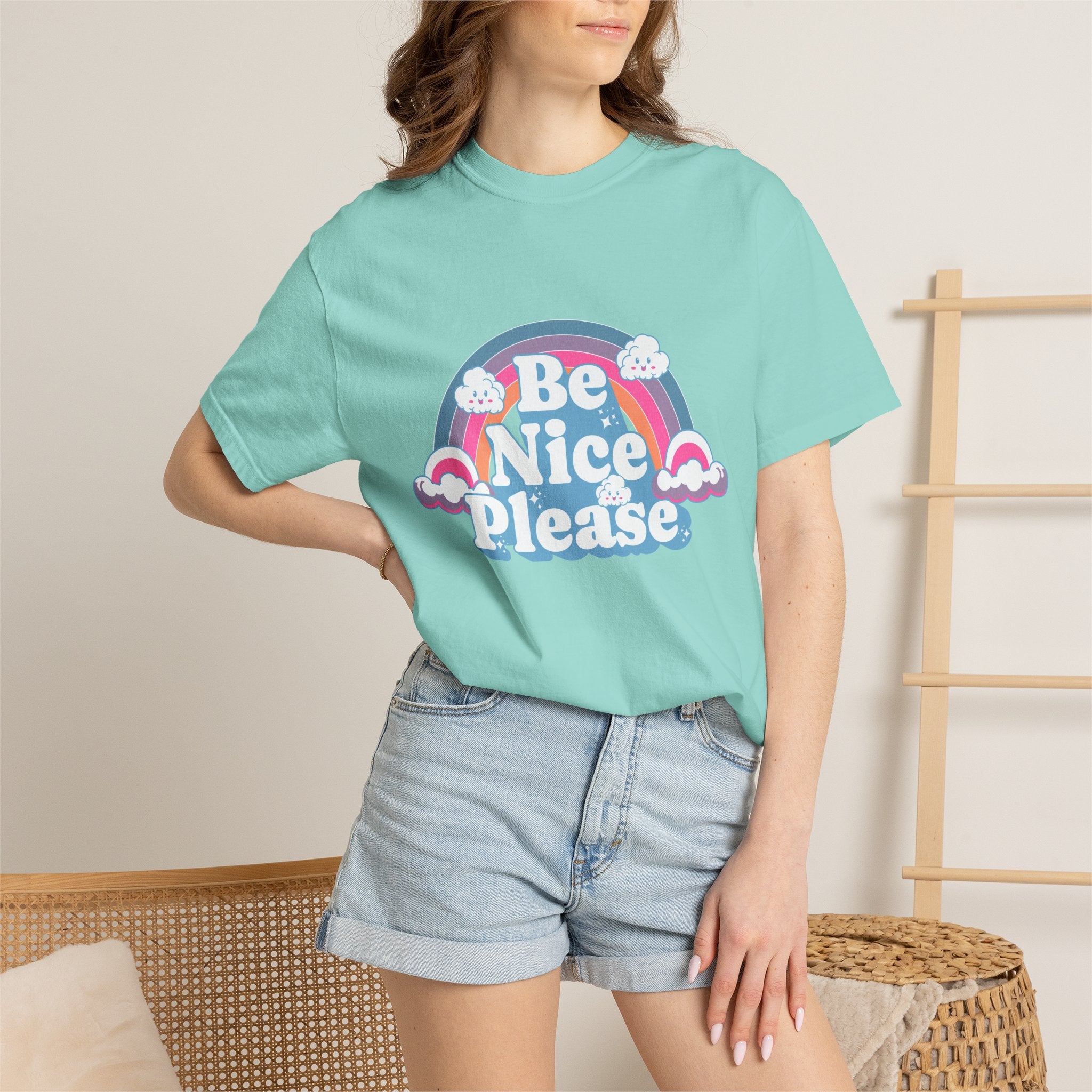 Be Nice Please Textured T-Shirt — Retro Rainbow Positive Message Tee