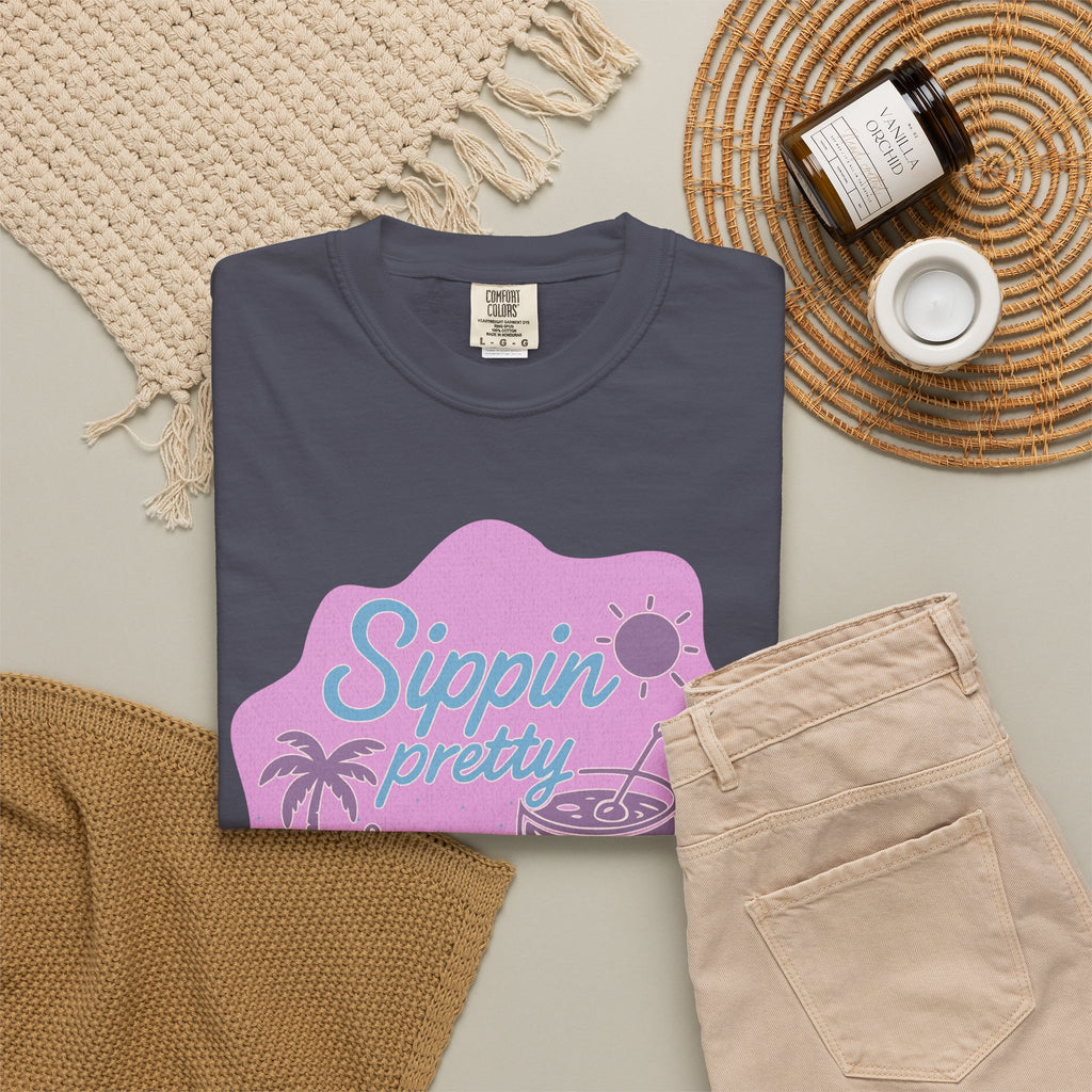 T-Shirt — "Sippin' Pretty" Tropical Cocktail Textured Graphic Tee