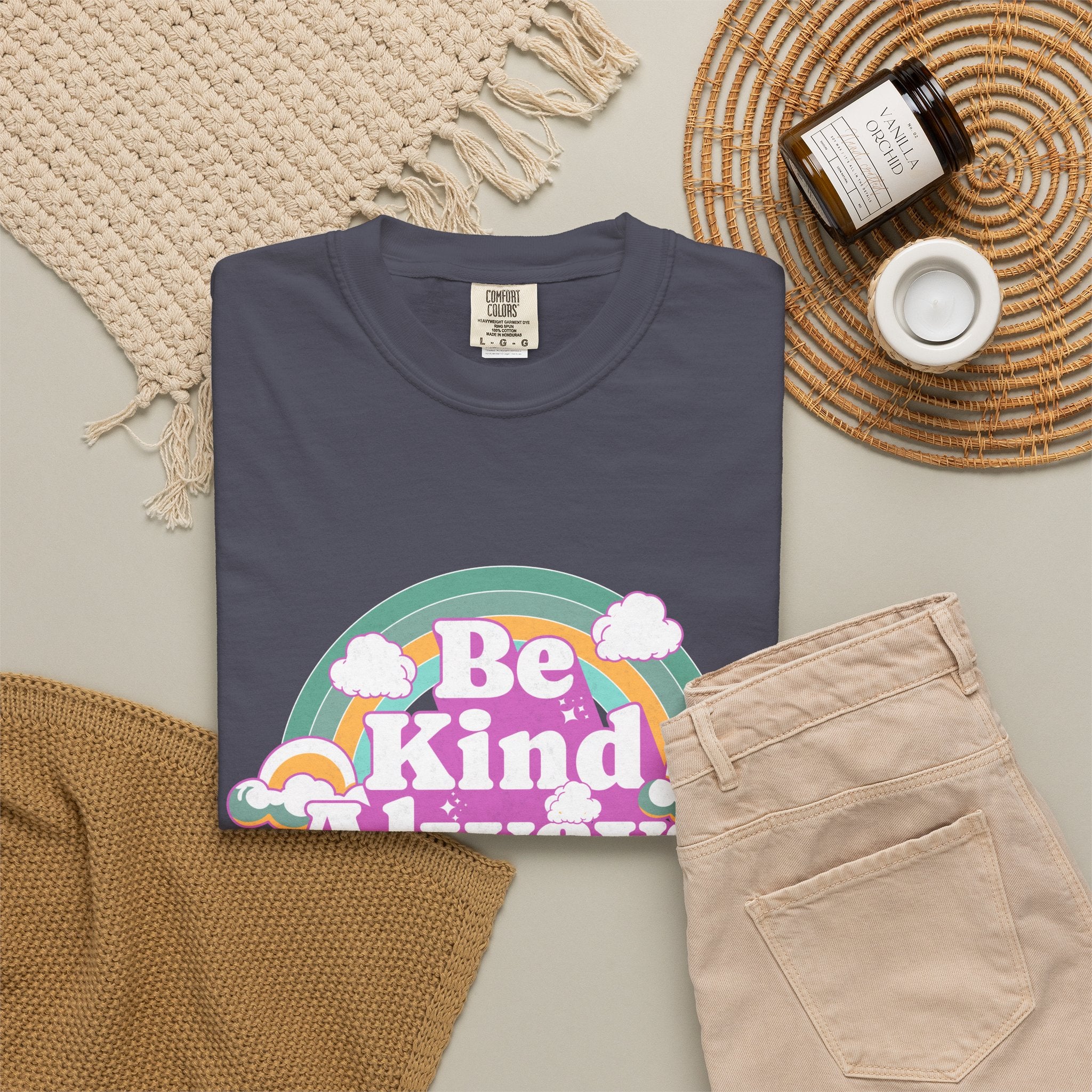 Be Kind Always Textured T-Shirt — Retro Rainbow Positive Message Tee