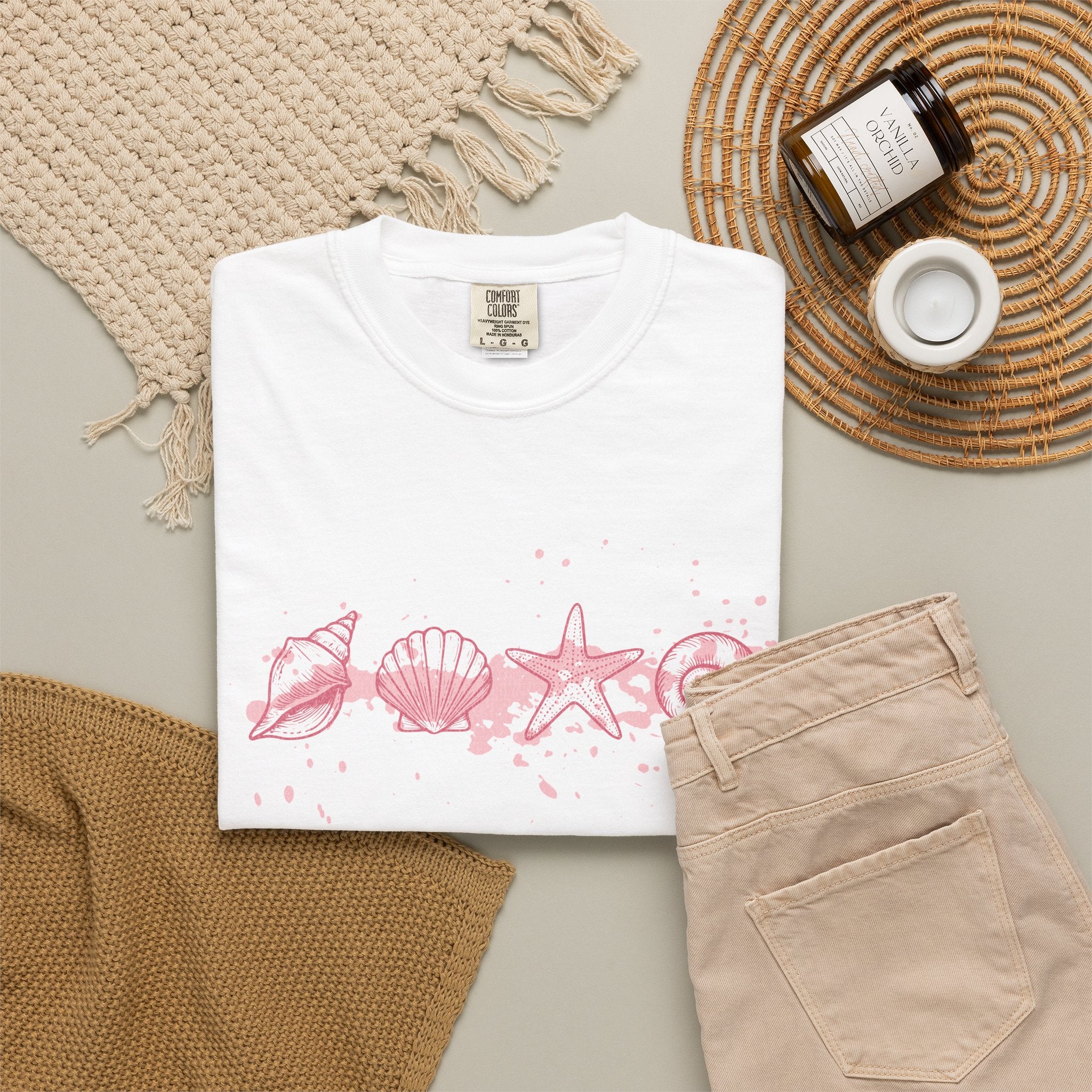 Textured Seashell Line Art T-Shirt — Pink Coastal Shells Graphic Tee