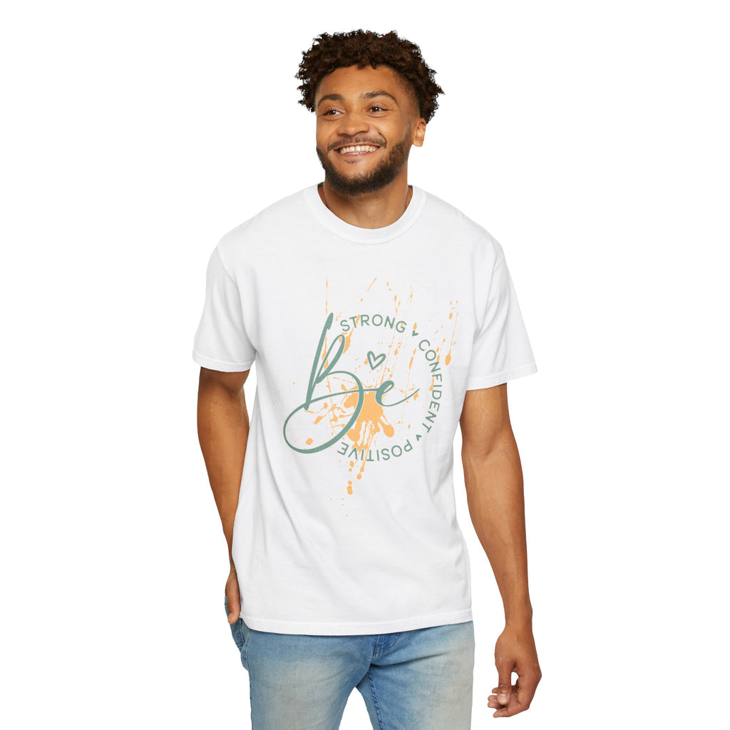 Textured Joy Script T-Shirt — “Be” Positive Graphic Tee: Strong • Confident • Positive