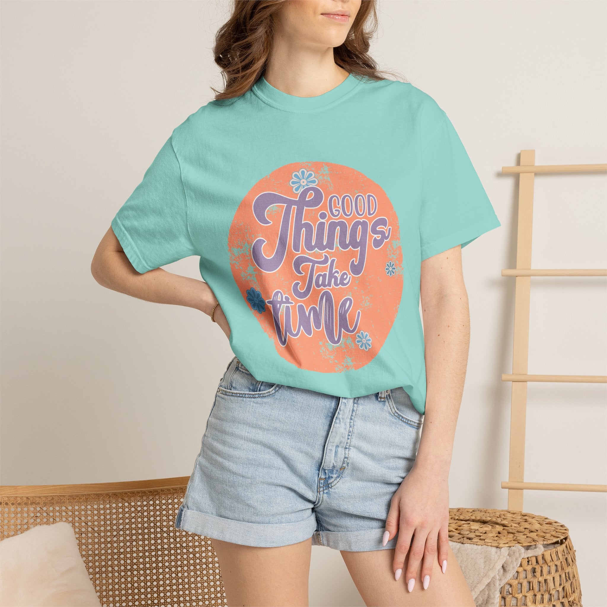 Good Things Take Time T-shirt | Textured Retro Script Circle Design