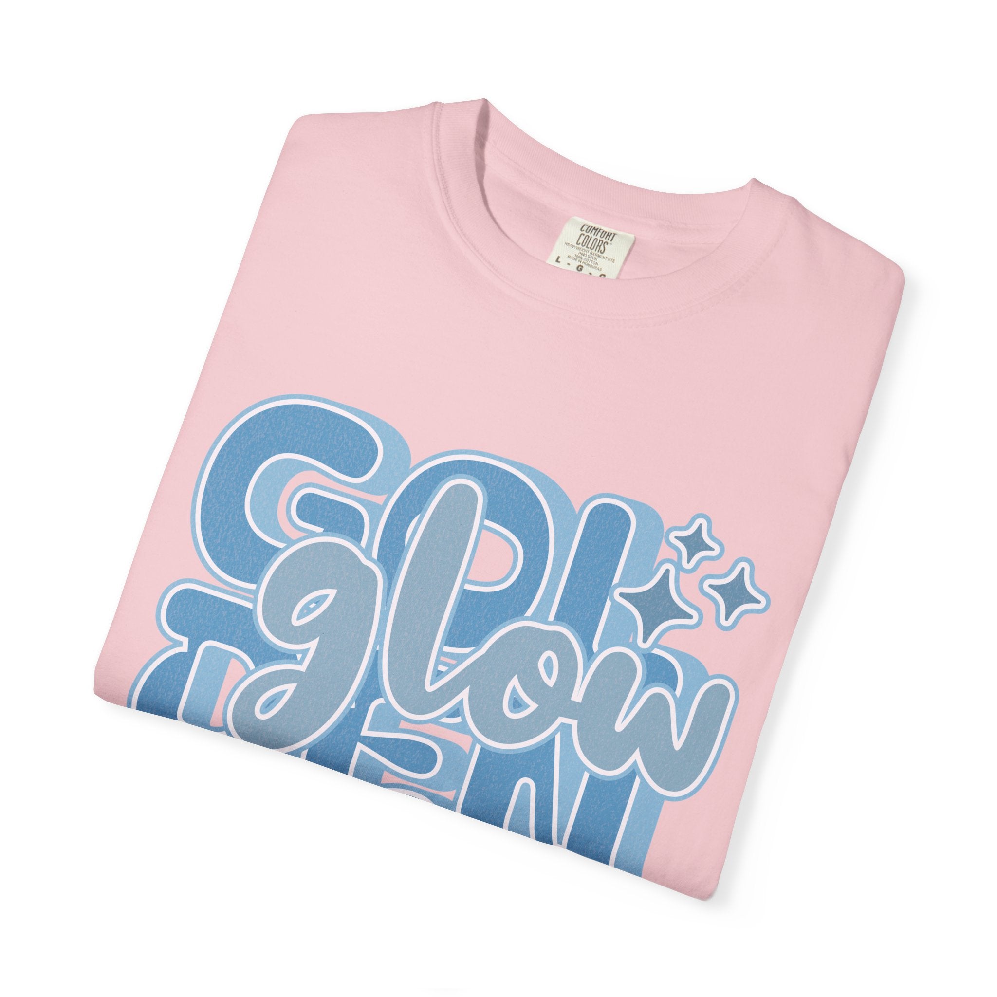 Golden Glow Textured  T‑Shirt — Retro Blue Script Graphic Tee