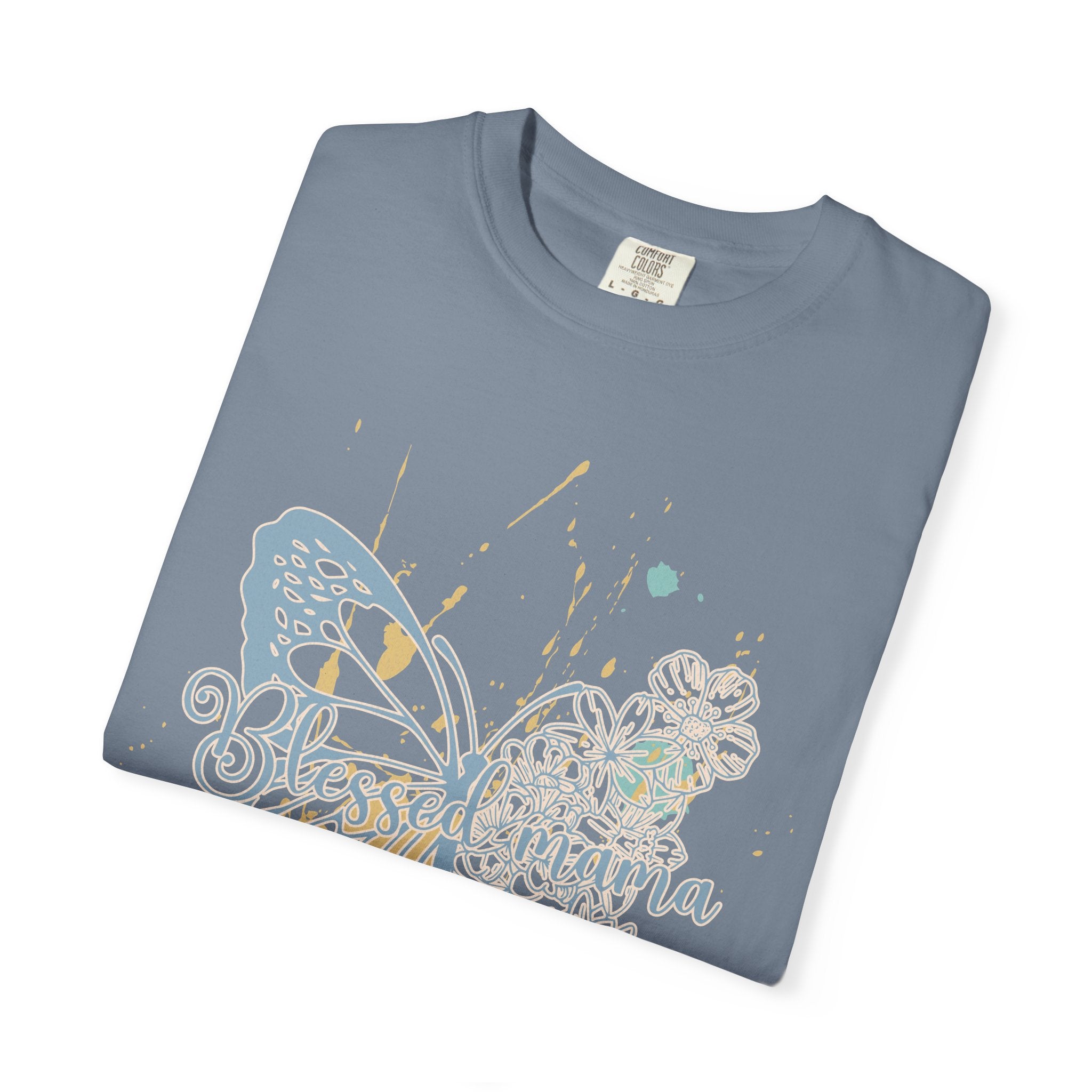 Retro Butterfly Blessed Mama Tee —Textured Serene Aqua Nature Graphic