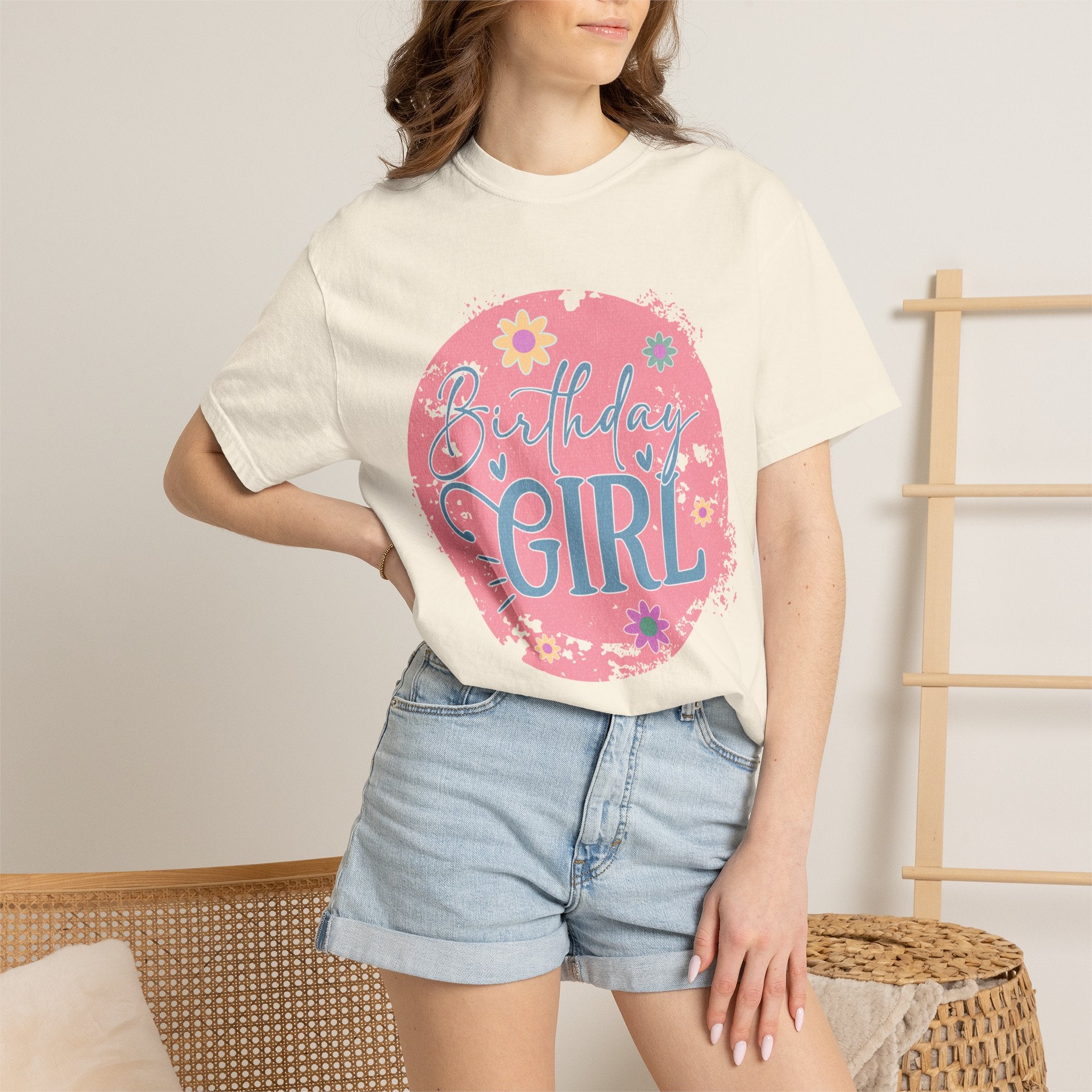 Birthday Girl Textured T-Shirt — Floral Pink Celebration Tee