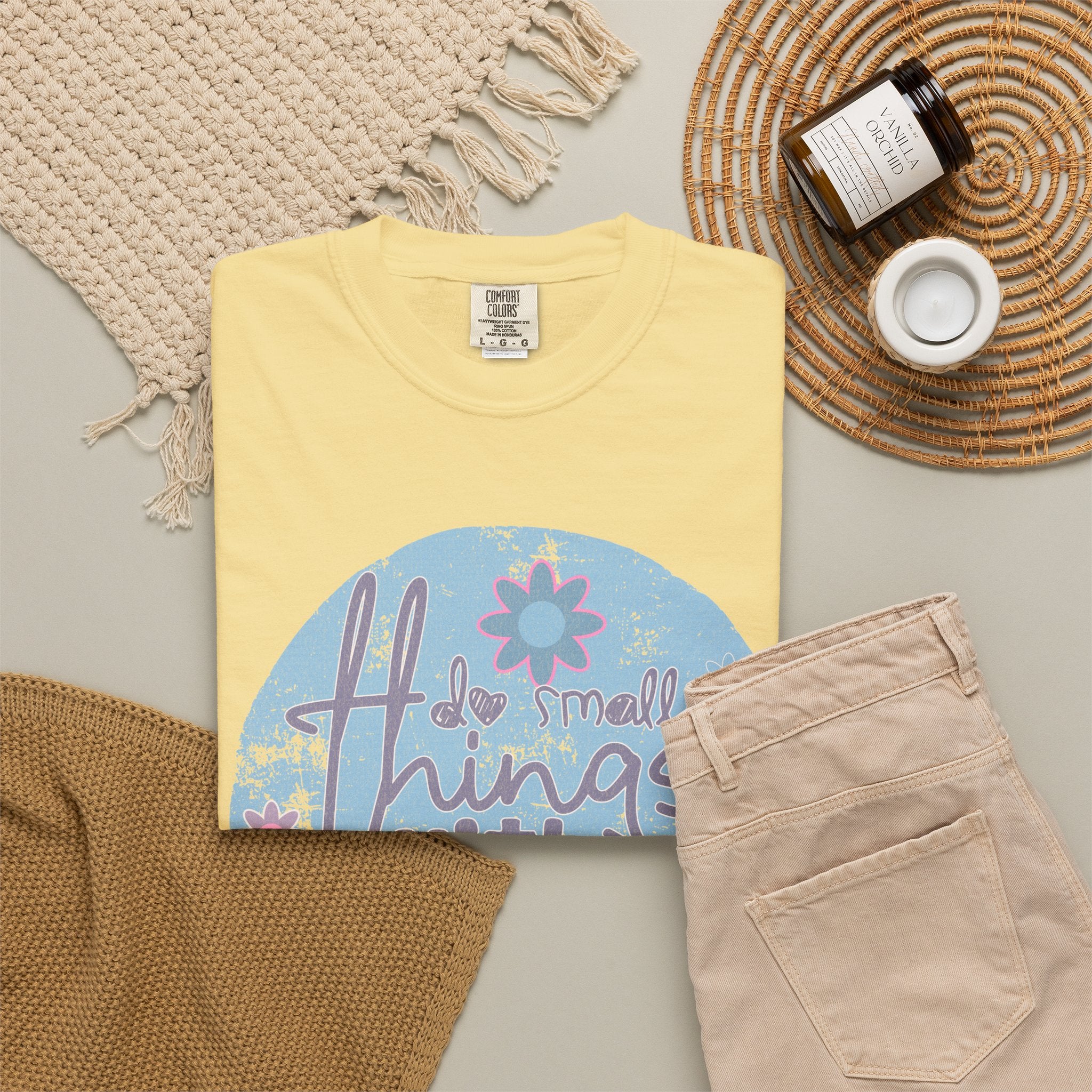 Textured Inspirational Graphic T-Shirt — "Do Small Things With Great Love" Floral Design