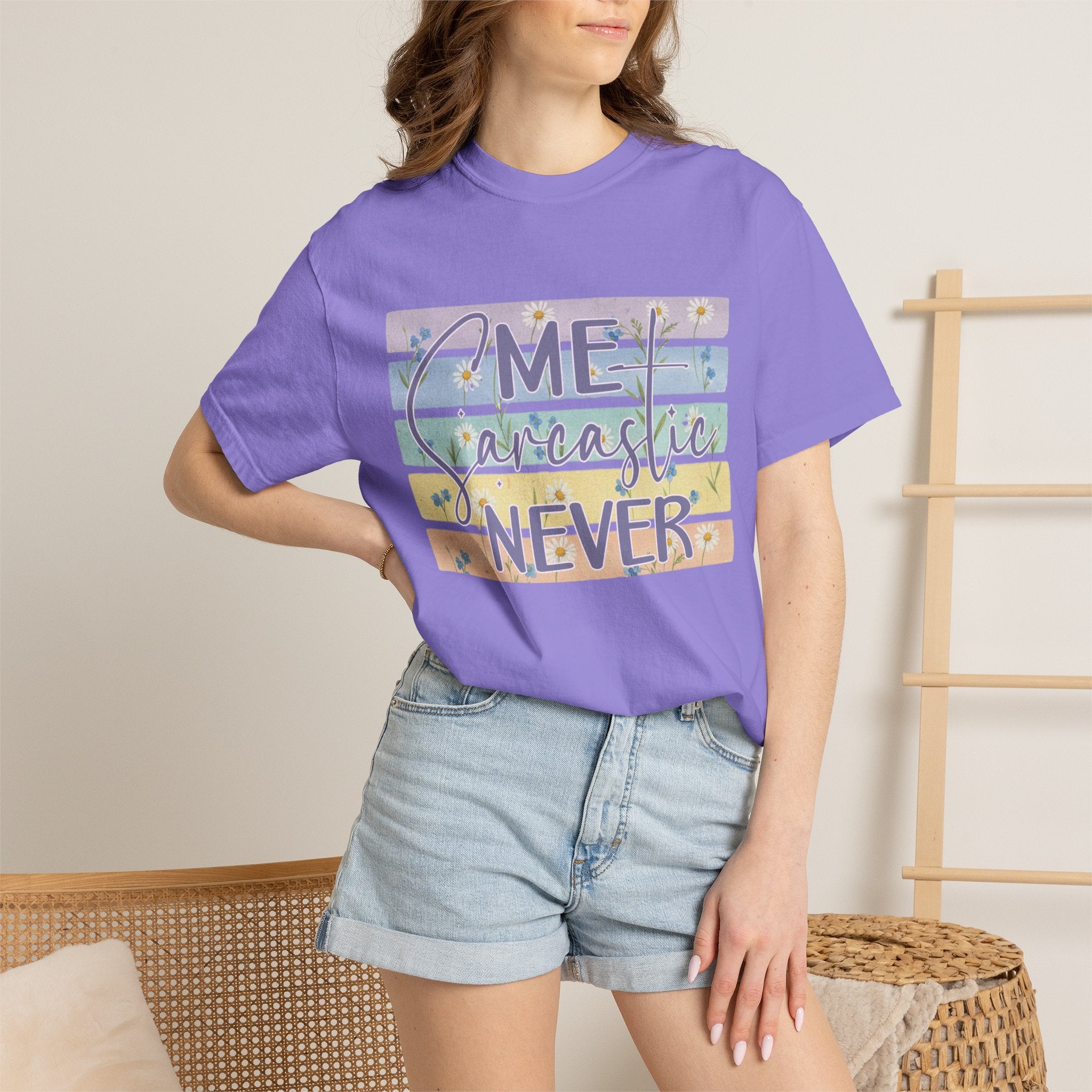 Textured Sarcastic Never T-Shirt — Pastel Striped "Me? Sarcastic? Never" Graphic Tee