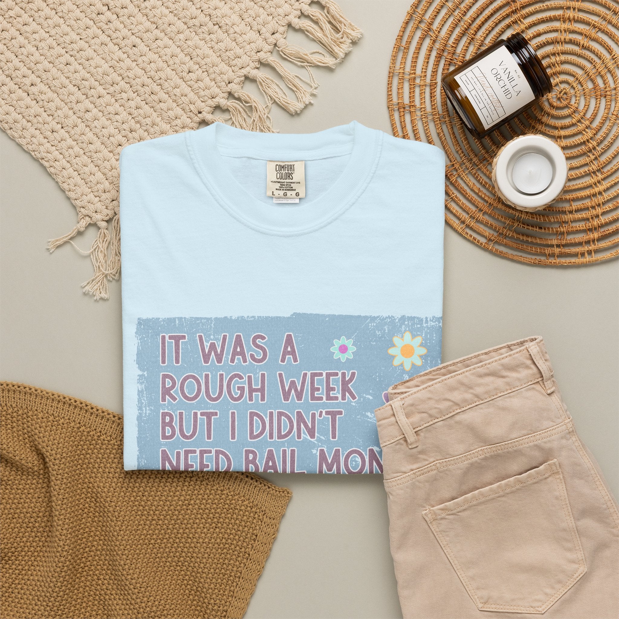 Textured Graphic T-Shirt — "It Was a Rough Week But I Didn't Need Bail Money" Vintage Floral Tee