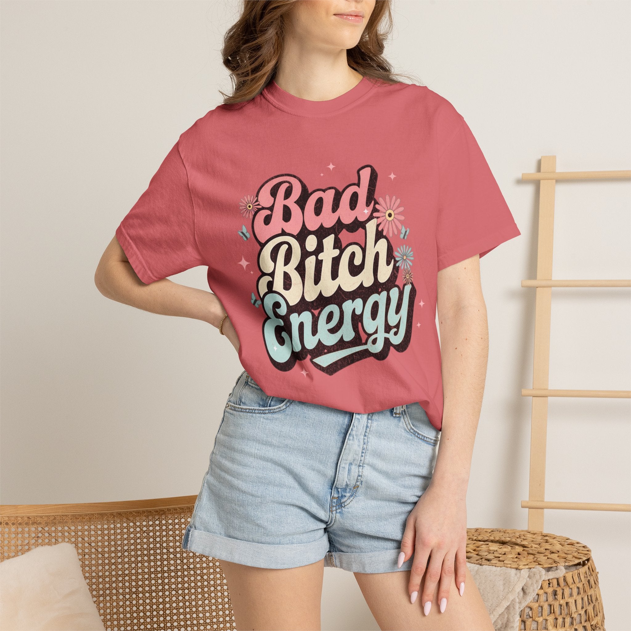 Textured Bad Bitch Energy T-shirt |Textured Retro Script Floral Graphic