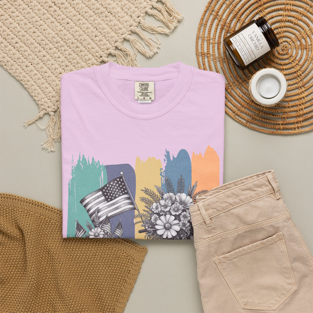 Textured Vintage Bicycle T-Shirt — Floral Basket & American Flag Graphic