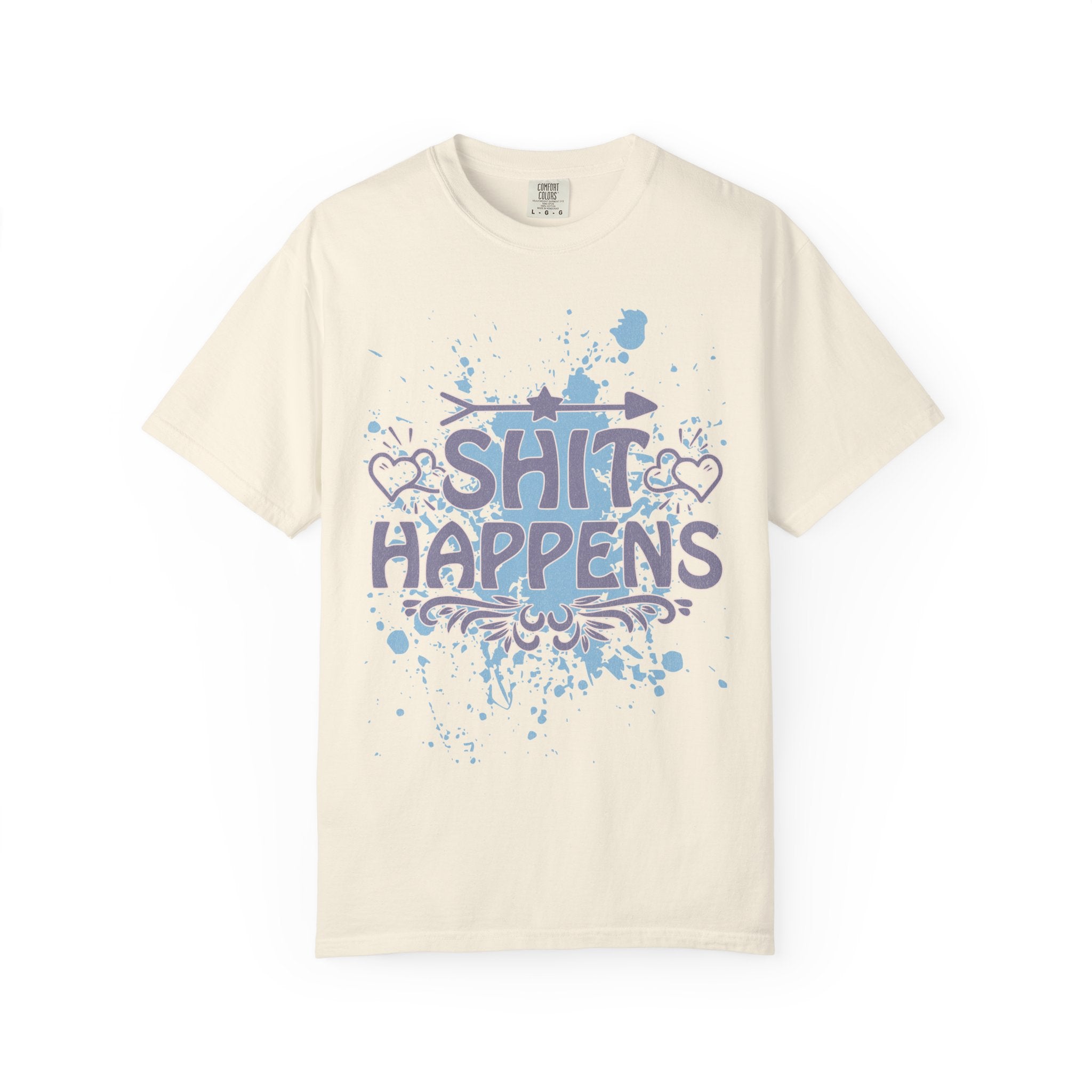 Shit Happens Graphic T-Shirt — Casual Humorous Tee with Splatter Design