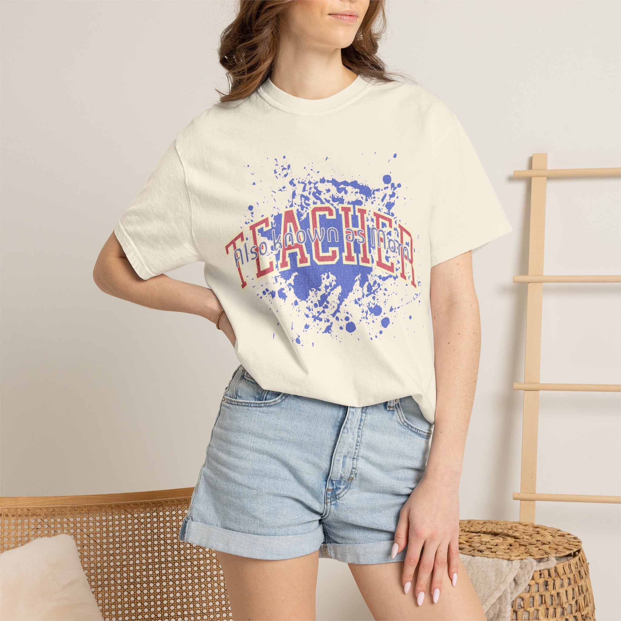 Teacher Also Known As Mom Textured T-Shirt — 'TEACHER' Collegiate Arc Design