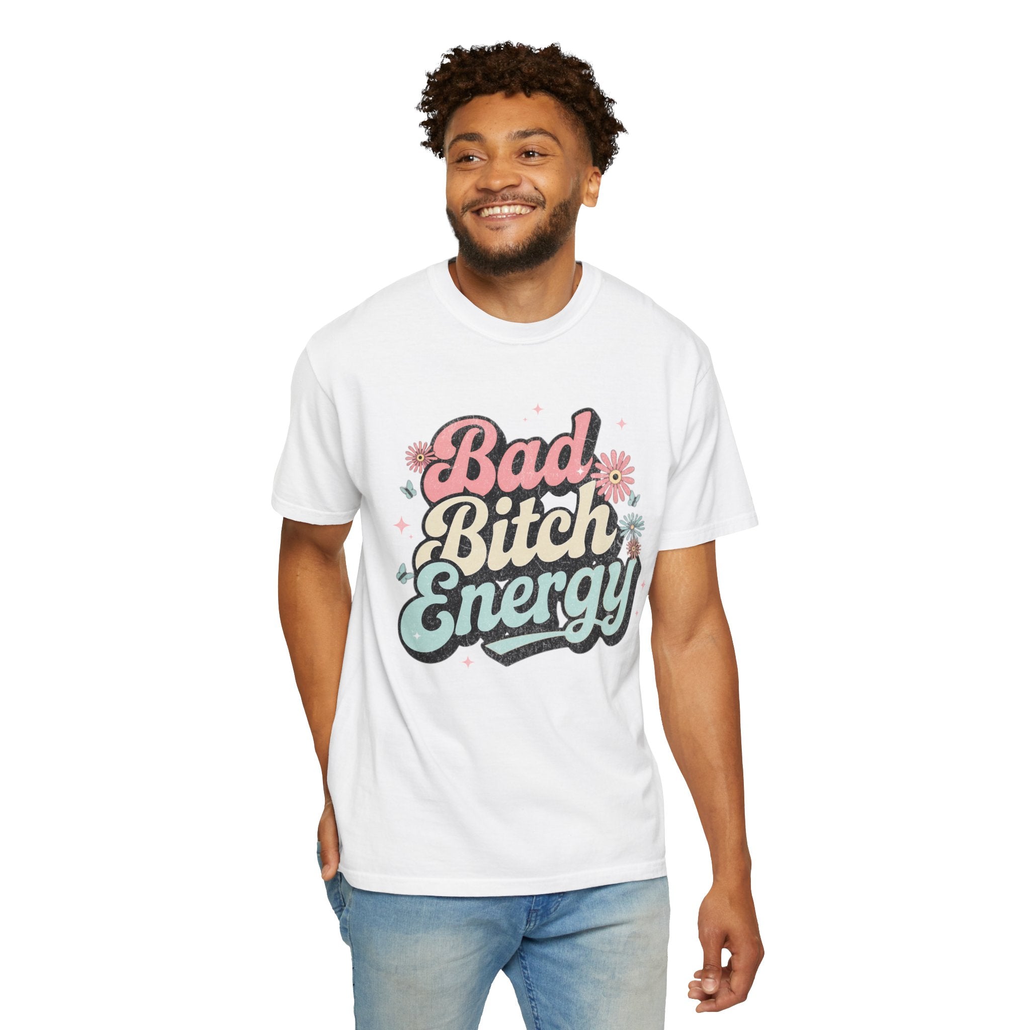 Textured Bad Bitch Energy T-shirt |Textured Retro Script Floral Graphic