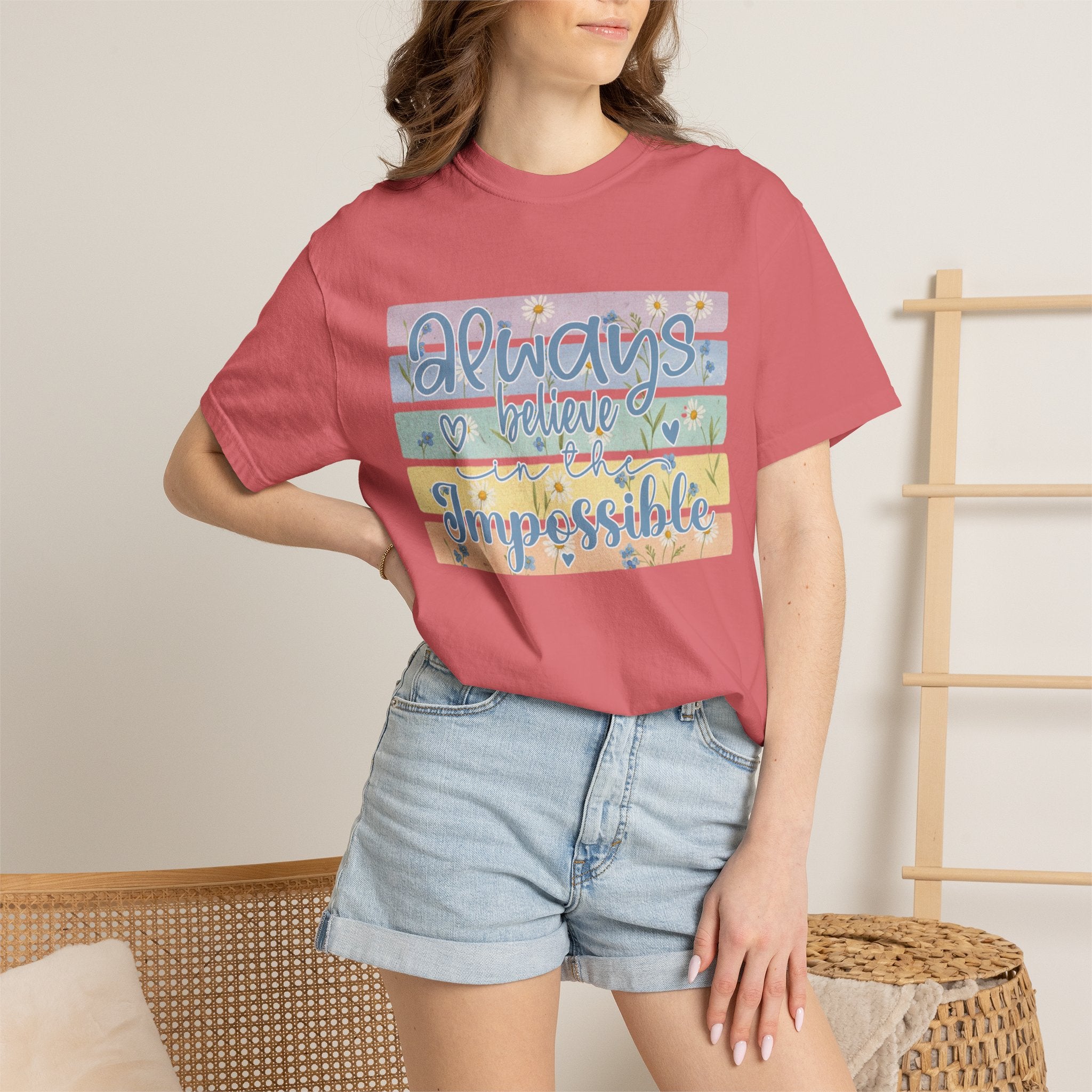 Textured T-Shirt — "Always Believe the Impossible" Pastel Inspirational Graphic Tee