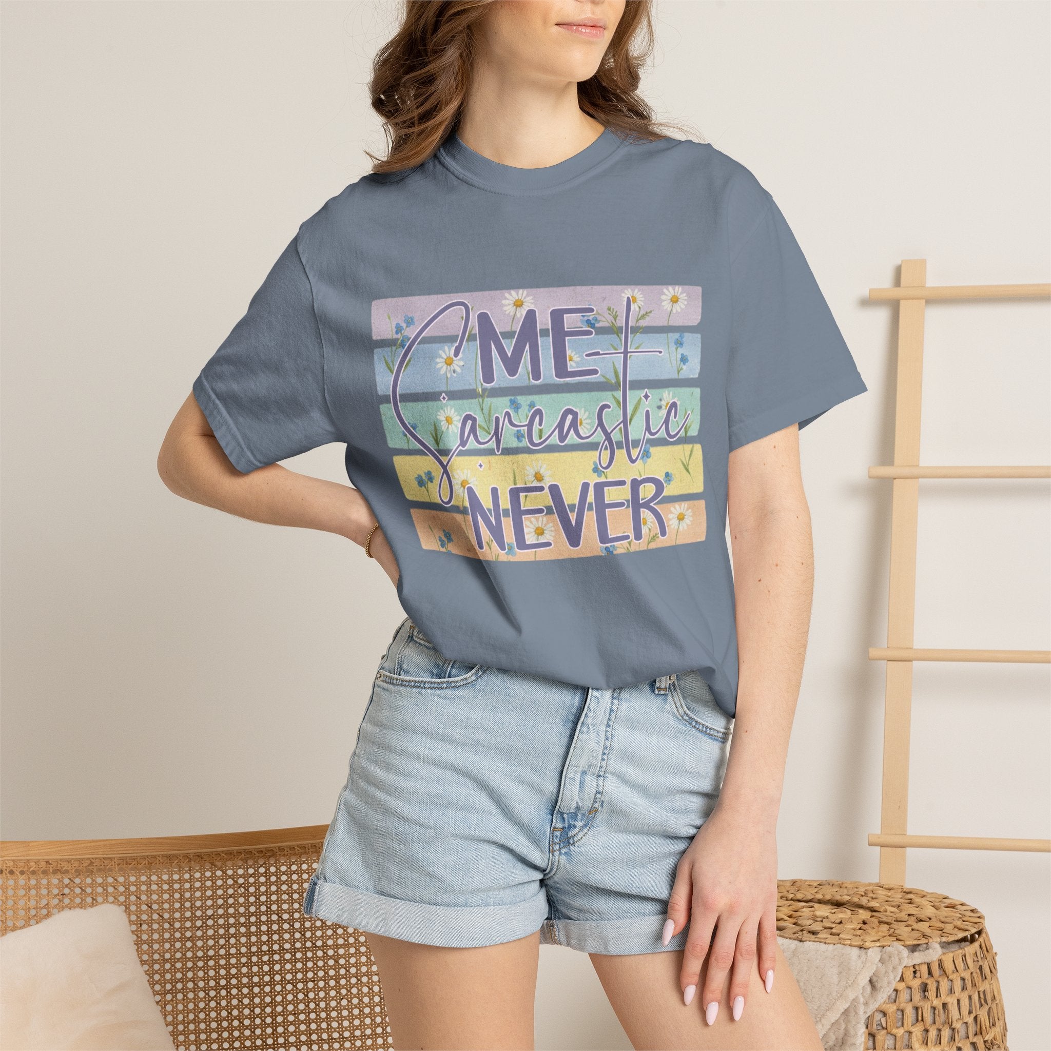 Textured Sarcastic Never T-Shirt — Pastel Striped "Me? Sarcastic? Never" Graphic Tee