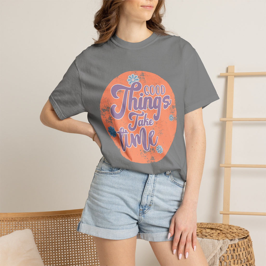 Good Things Take Time T-shirt | Textured Retro Script Circle Design