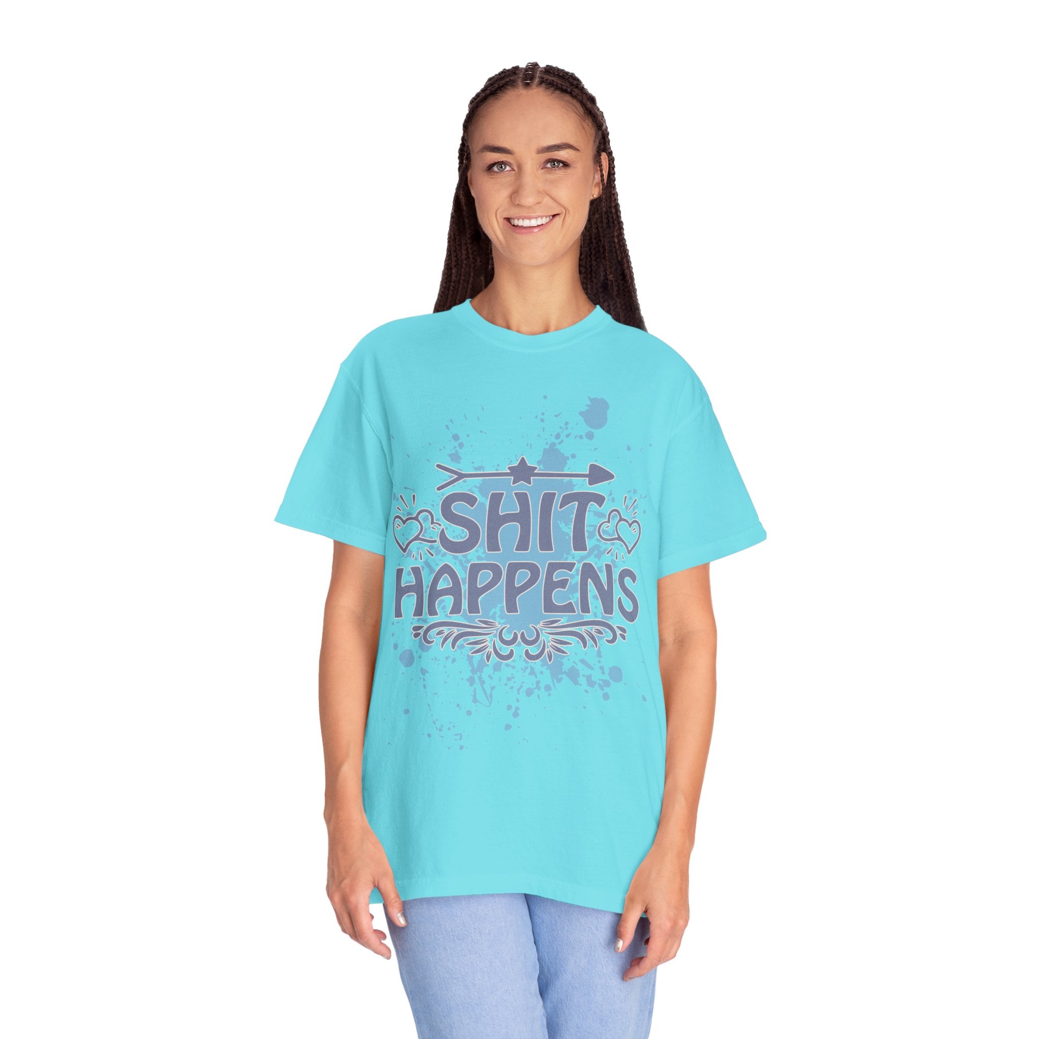 Shit Happens Graphic T-Shirt — Casual Humorous Tee with Splatter Design