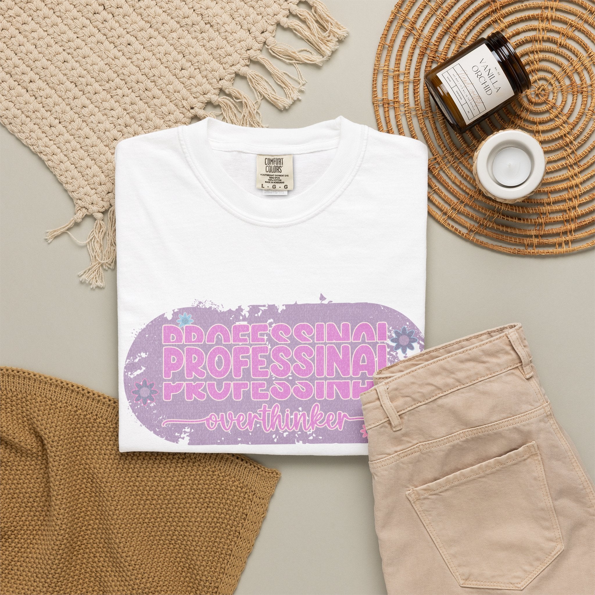 Professional Overthinker  Floral Textured T-Shirt — Retro Pink Graphic Tee