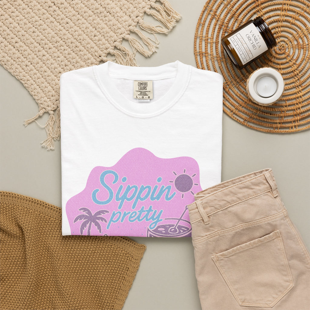 T-Shirt — "Sippin' Pretty" Tropical Cocktail Textured Graphic Tee