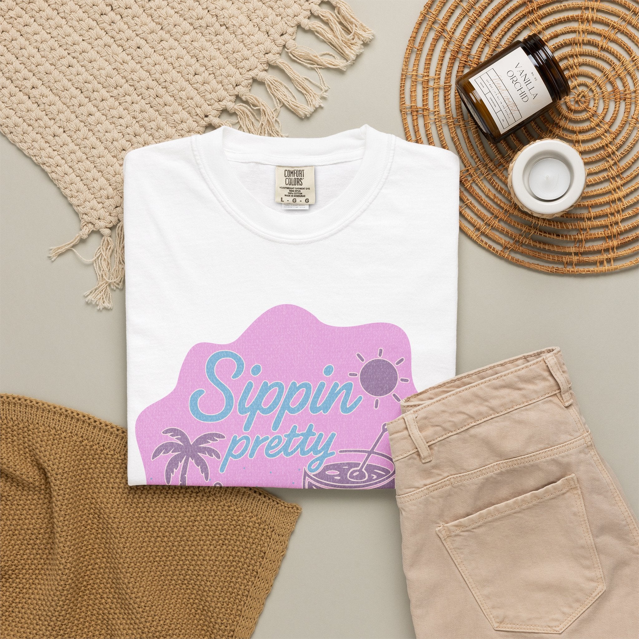 T-Shirt — "Sippin' Pretty" Tropical Cocktail Textured Graphic Tee