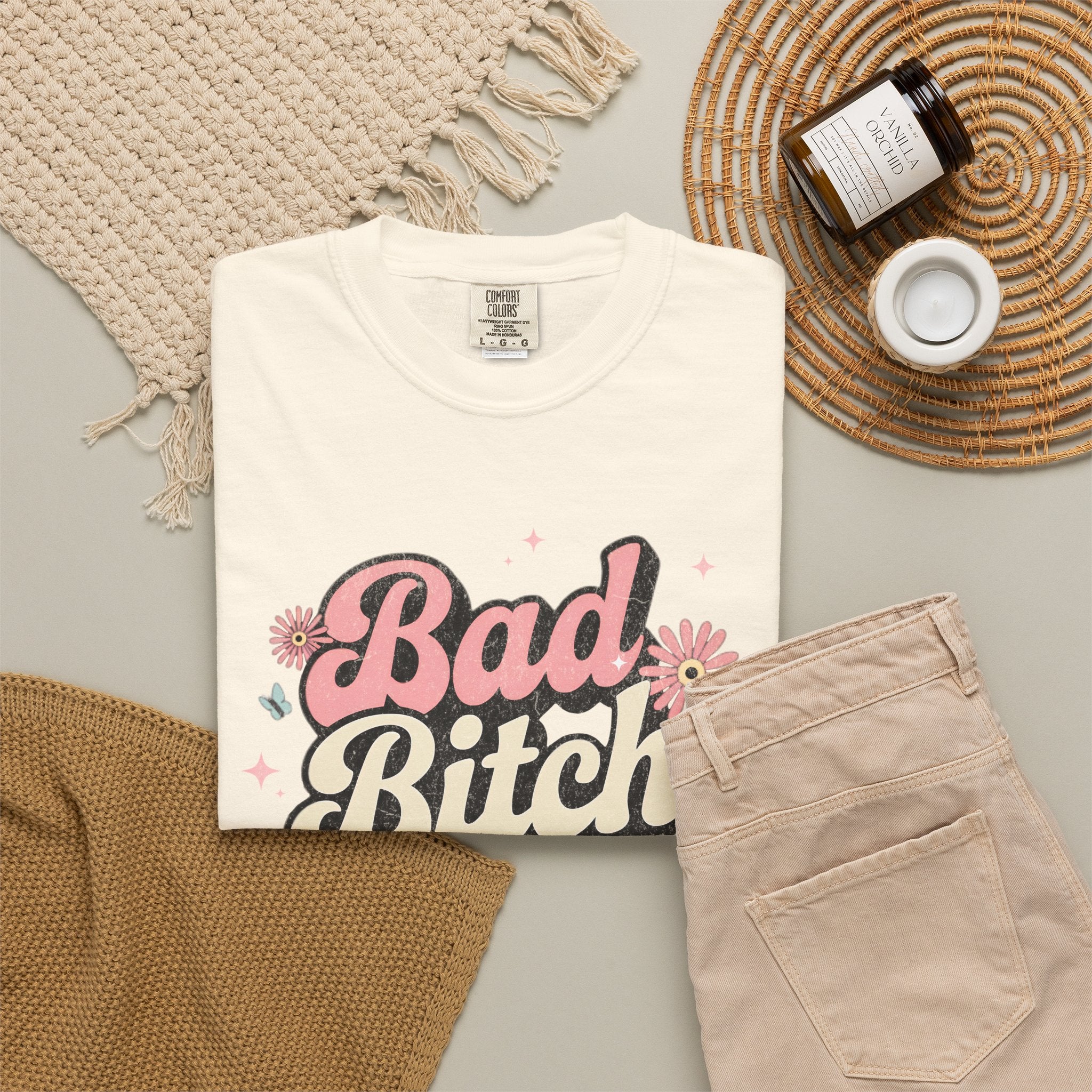 Textured Bad Bitch Energy T-shirt |Textured Retro Script Floral Graphic
